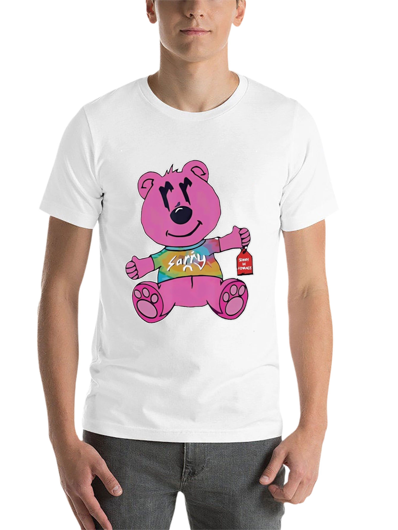 Black Novelty Graphic Tee: Pink Bear 'Sorry in Advance' view 14