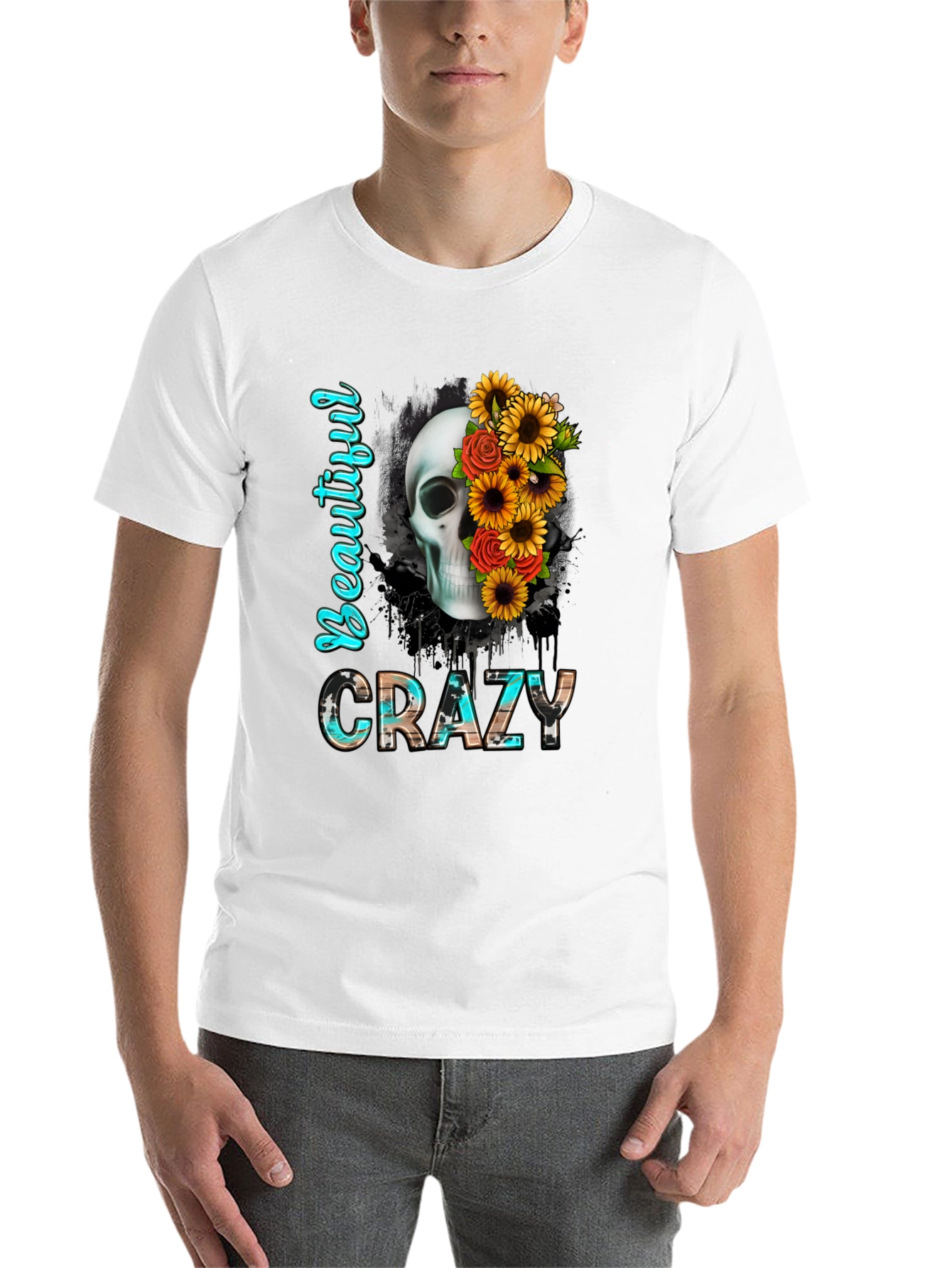Black Beautiful Crazy Skull & Flowers Graphic Tee view 14