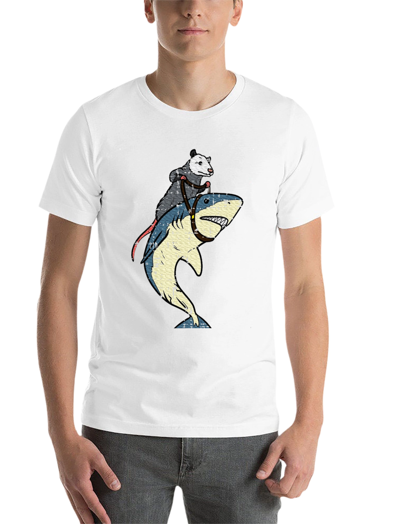 Black Opossum Riding Shark Graphic T-Shirt view 14