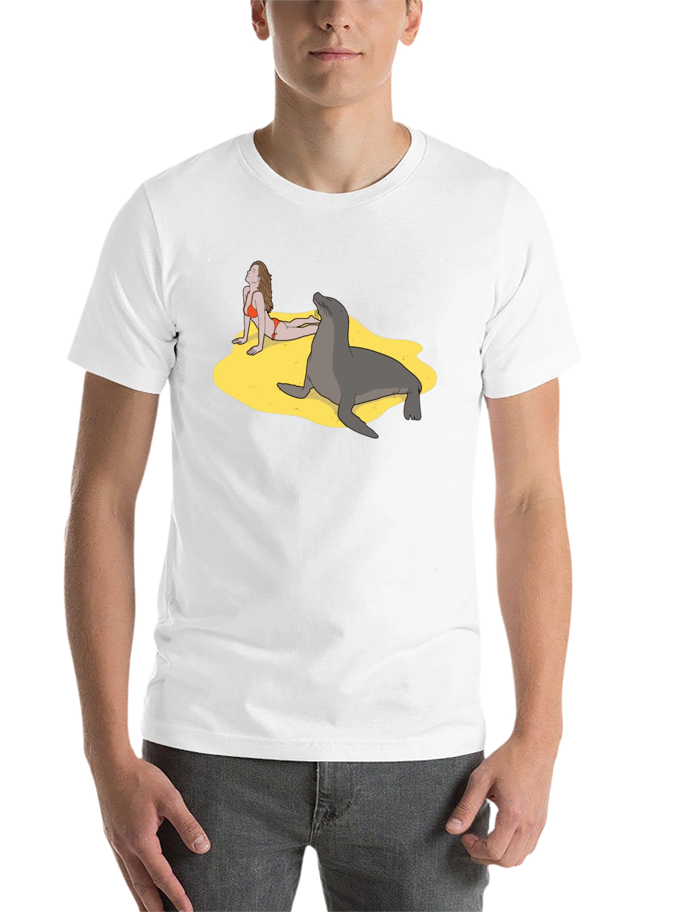 Black Funny Beach T-Shirt with Woman and Seal view 14