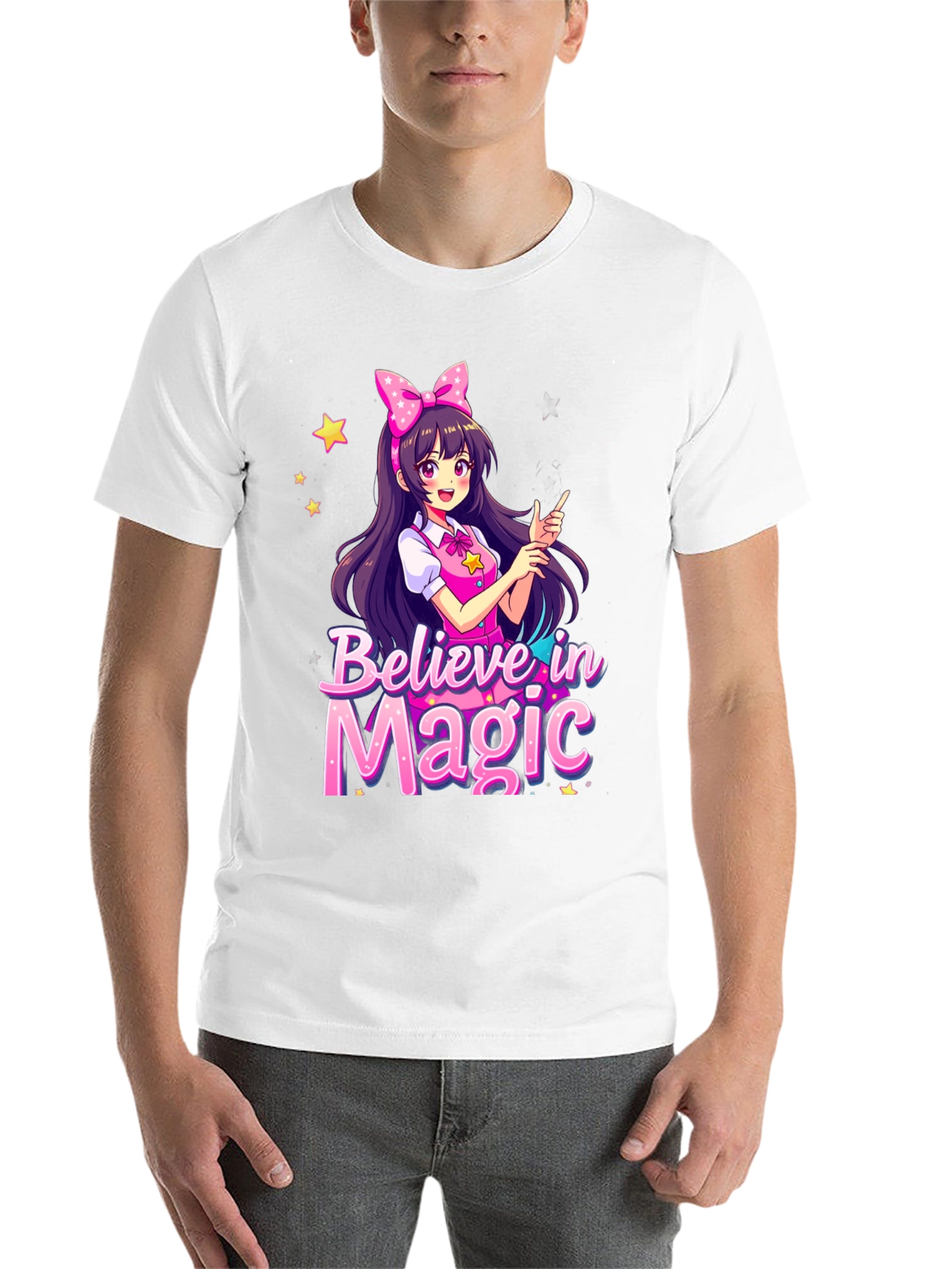Black Believe in Magic Anime Girl Graphic T-Shirt view 14