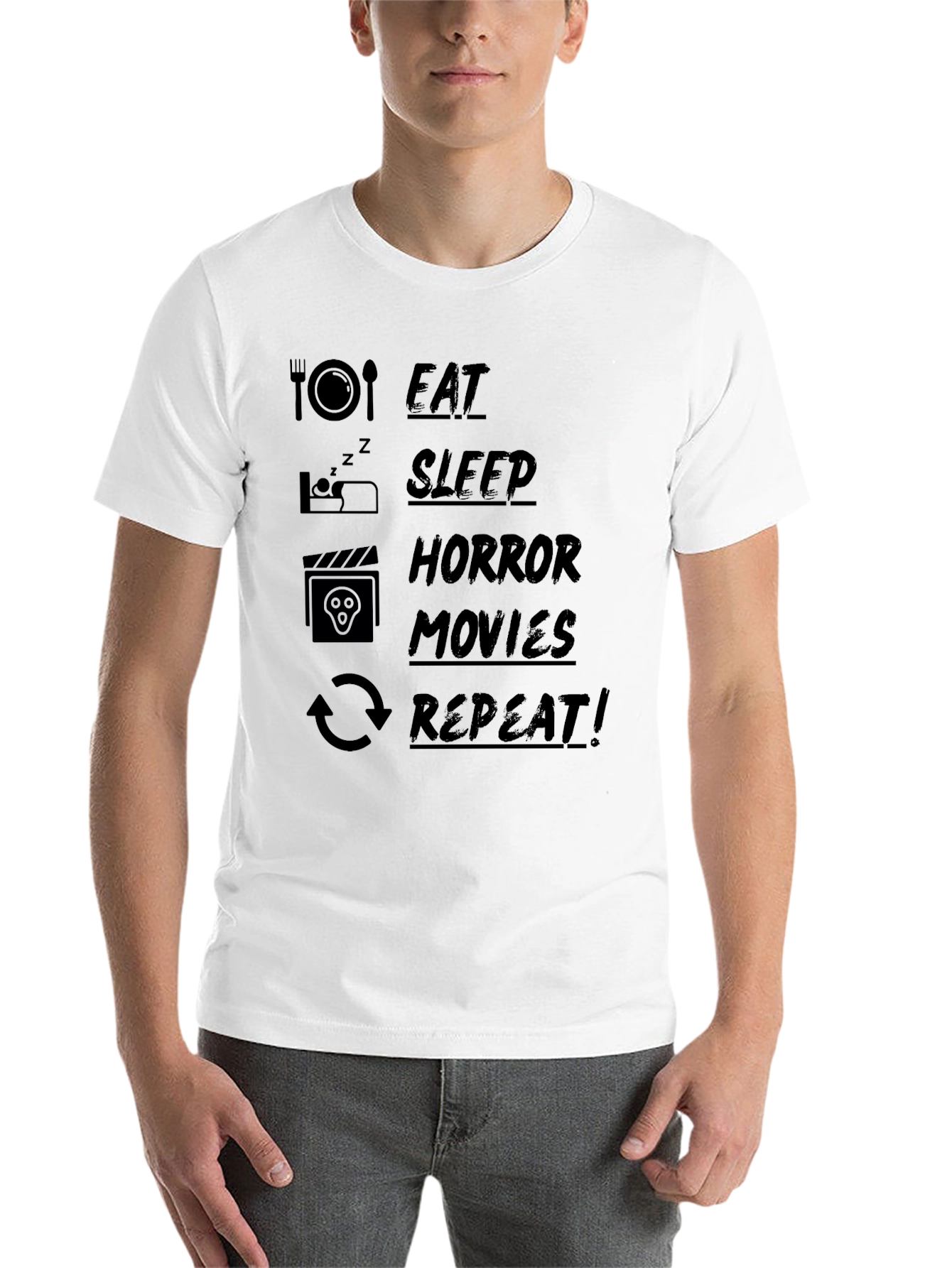 Black Eat Sleep Horror Movies Repeat Black T-Shirt view 14