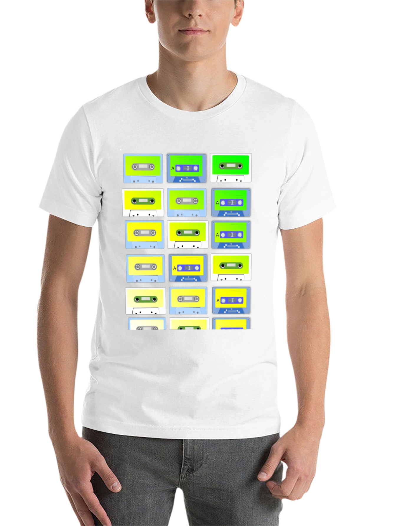 Black Retro Cassette Tape Pattern Black T-Shirt view 14