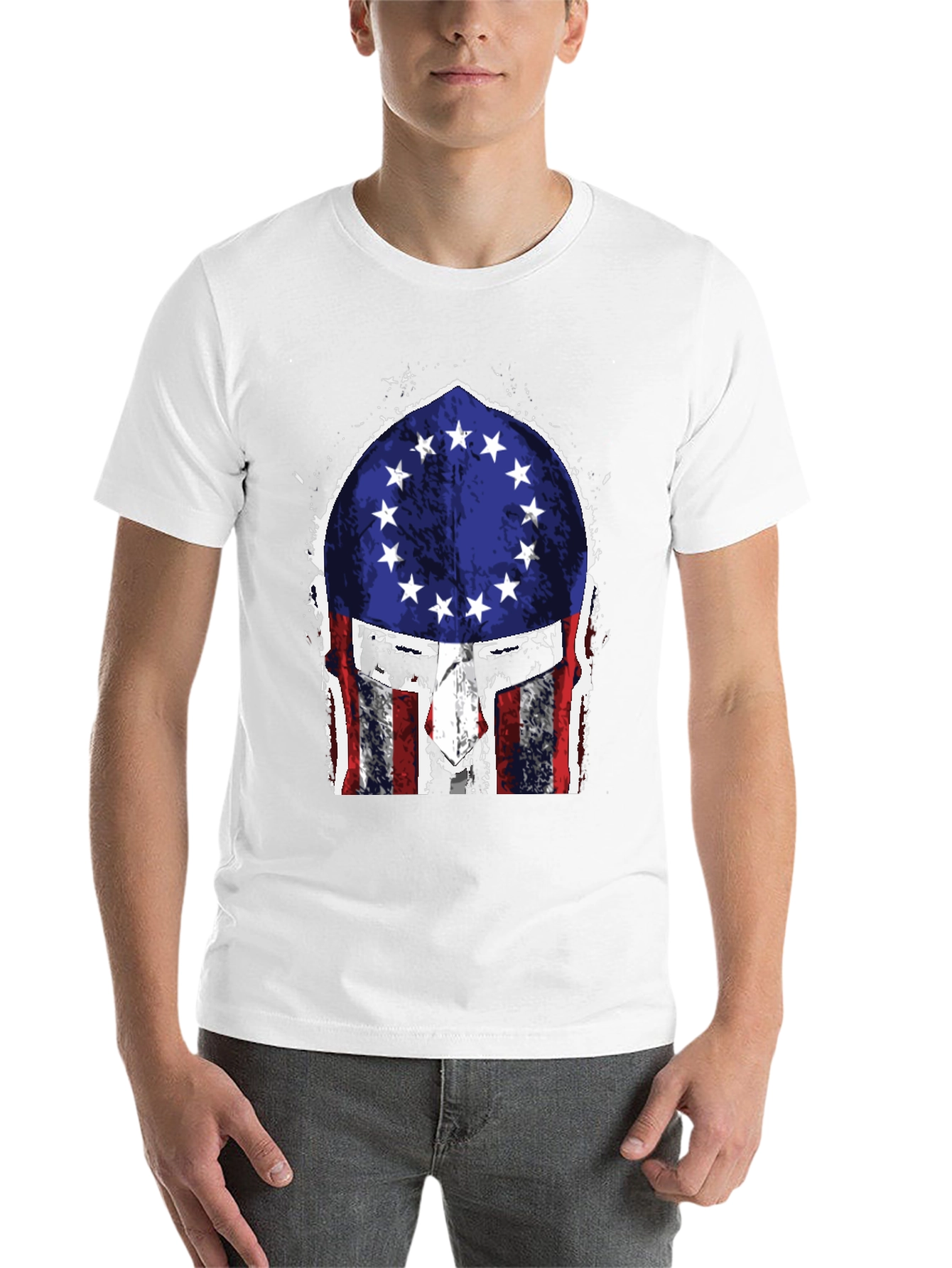 Black American Flag Spartan Helmet T-Shirt view 14