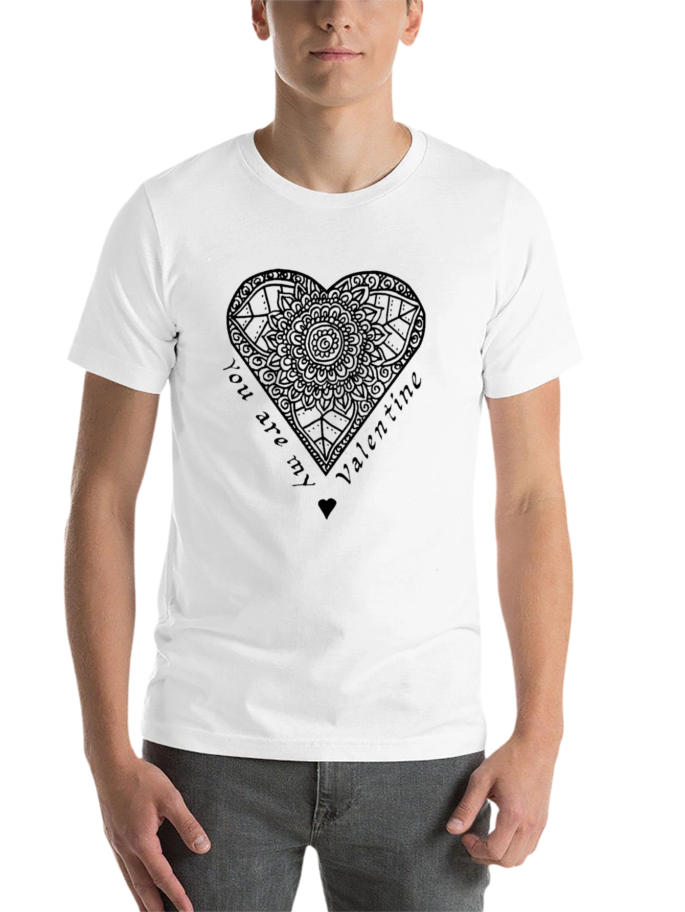 Black Valentine's Day Heart Mandala Men's Black T-Shirt view 14