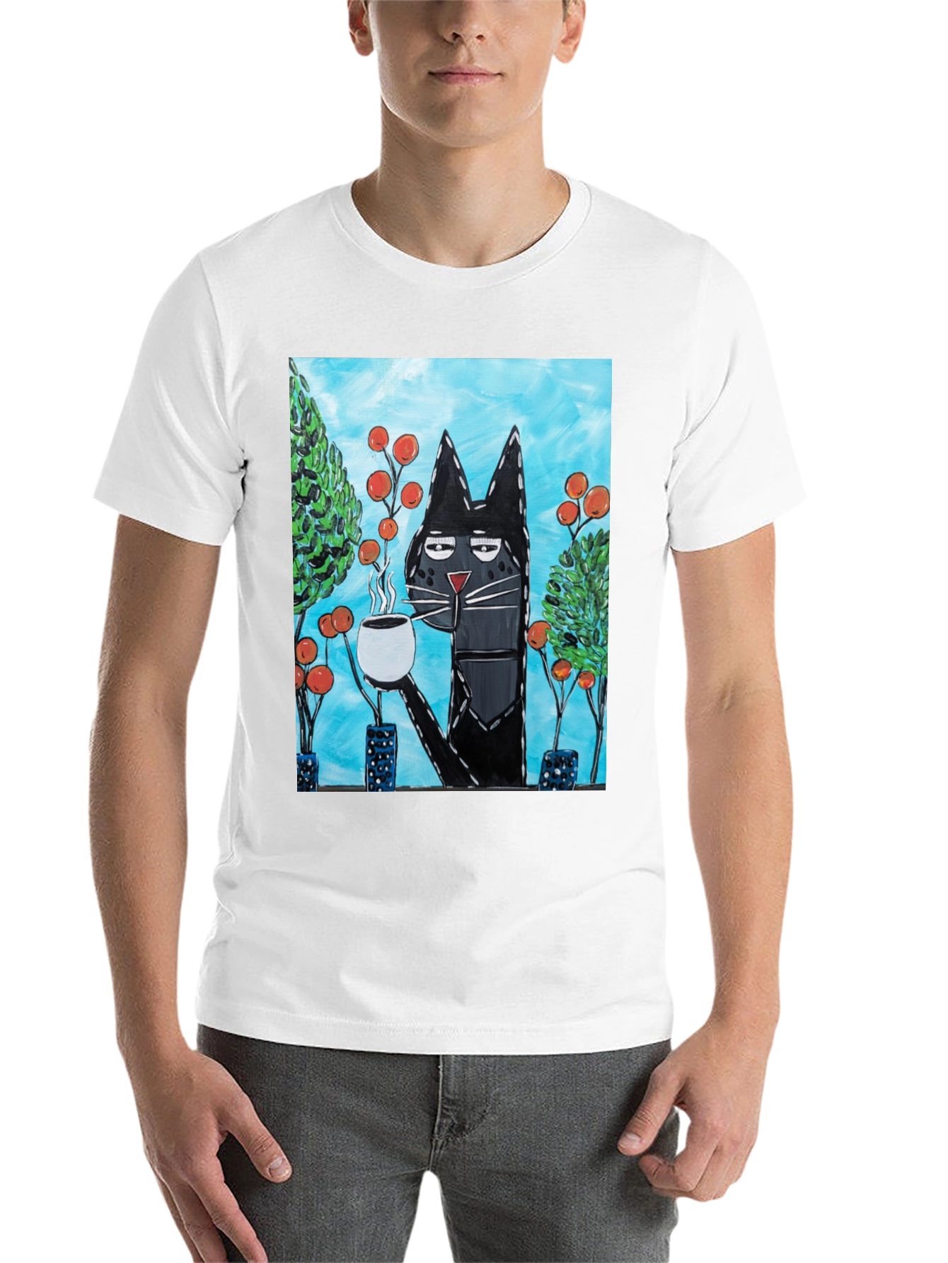 Black Cool Cat Sipping Coffee T-Shirt view 14