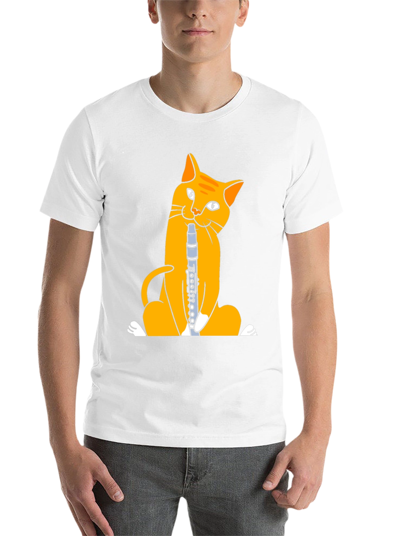 Black Cat Playing Clarinet T-Shirt - Black Cotton Tee view 14