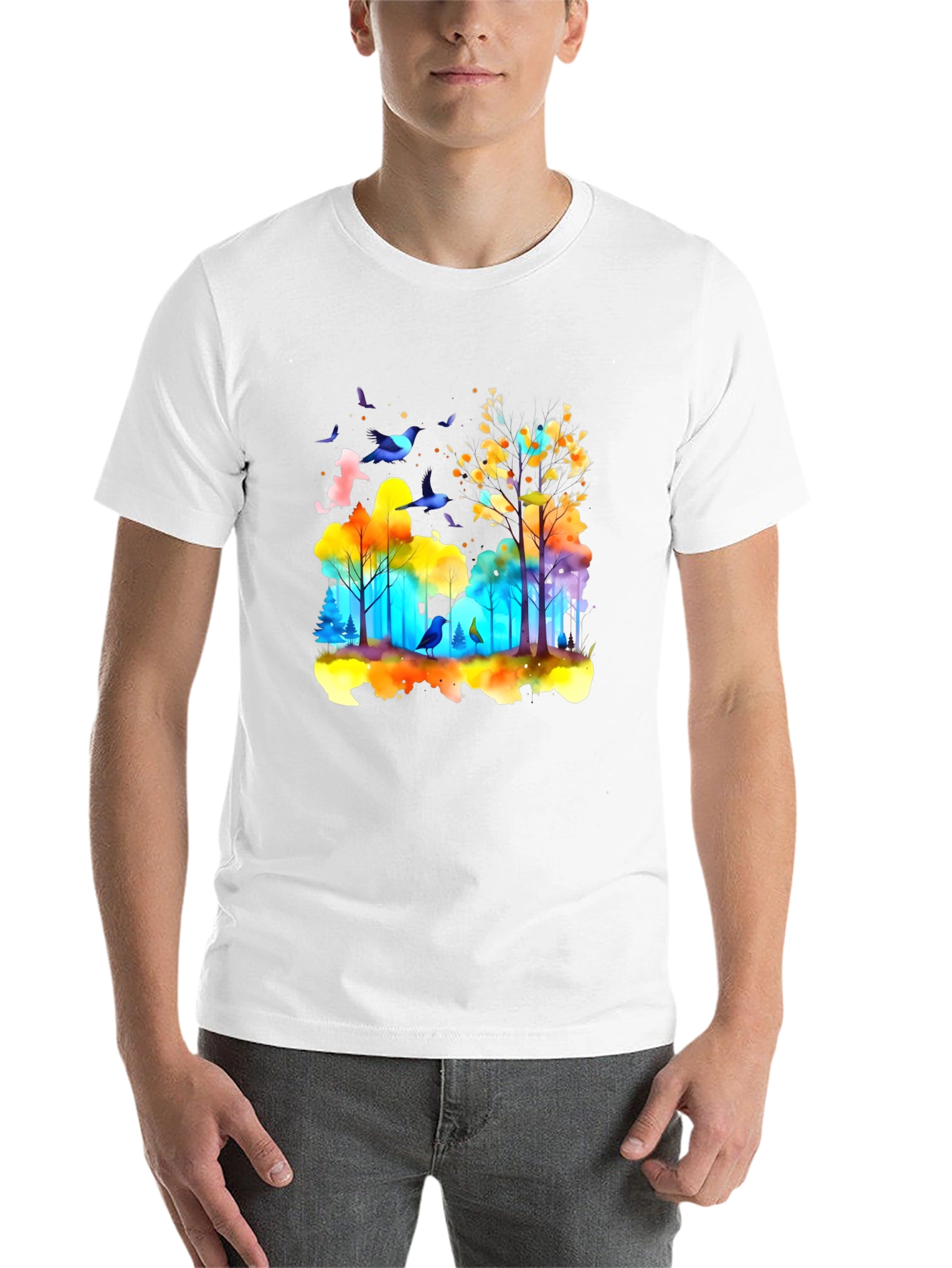 Black Watercolor Forest Birds T-Shirt view 14