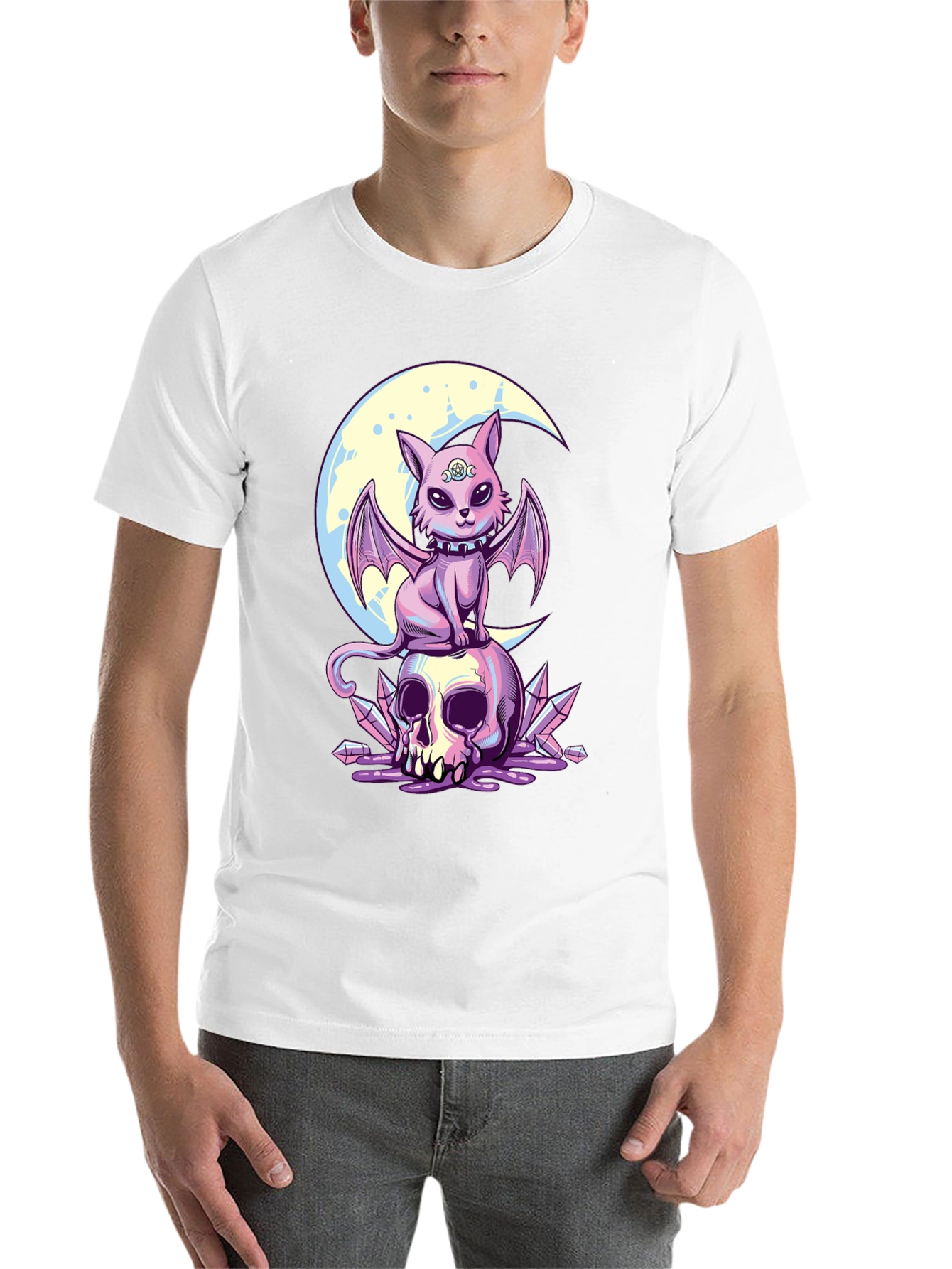 Black Skull Moon Bat Cat Graphic T-Shirt view 14