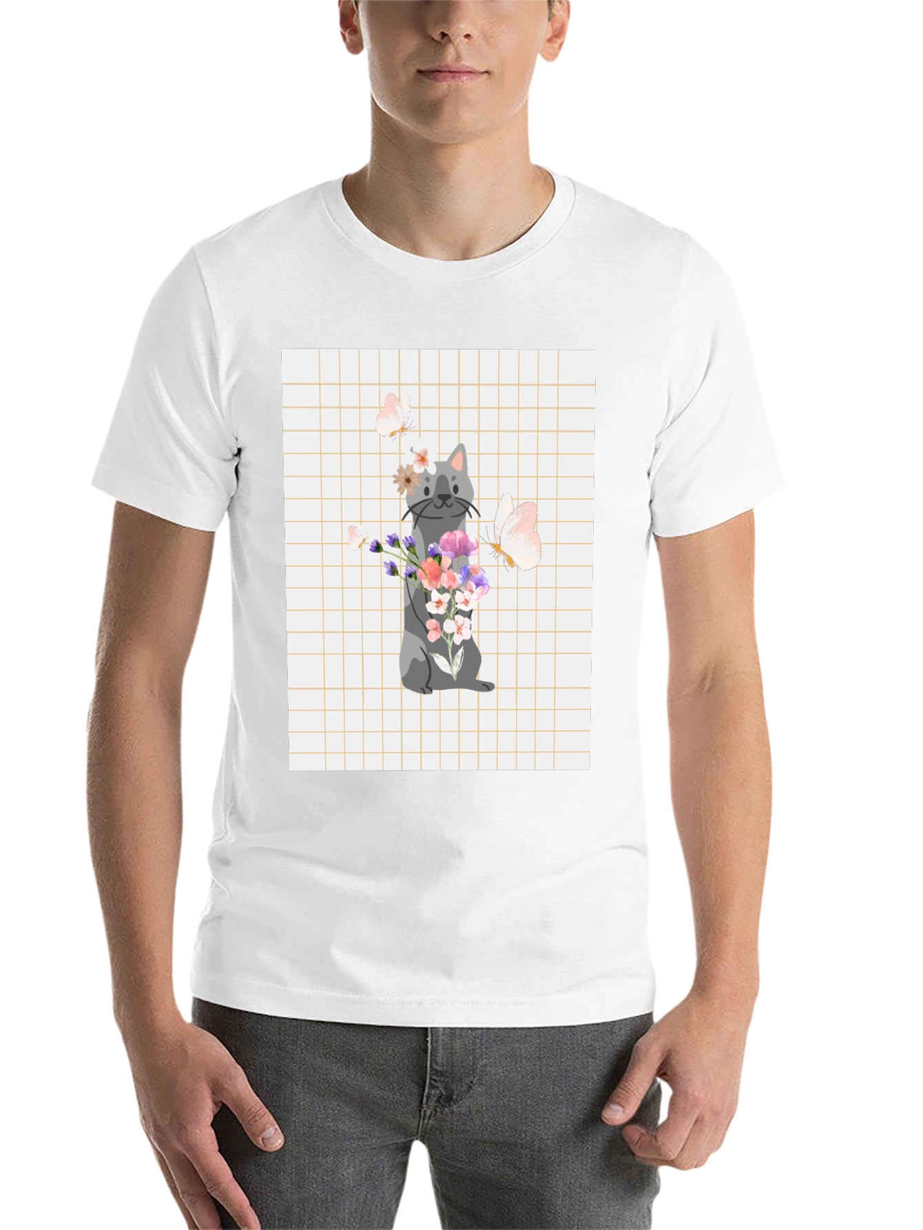 Black Cute Cat with Flowers Graphic T-Shirt view 14