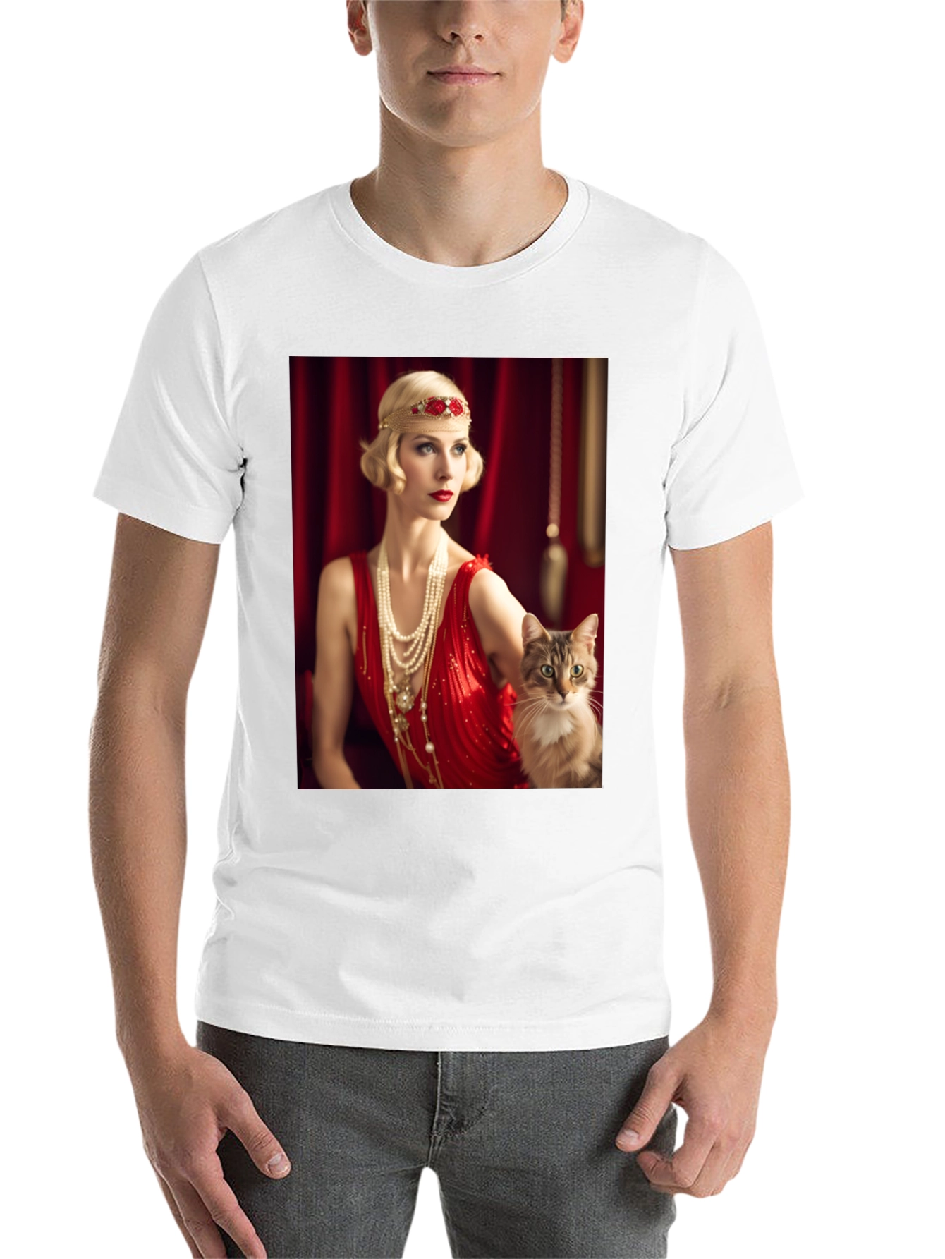 Black Retro Glam T-Shirt: Woman & Cat view 14