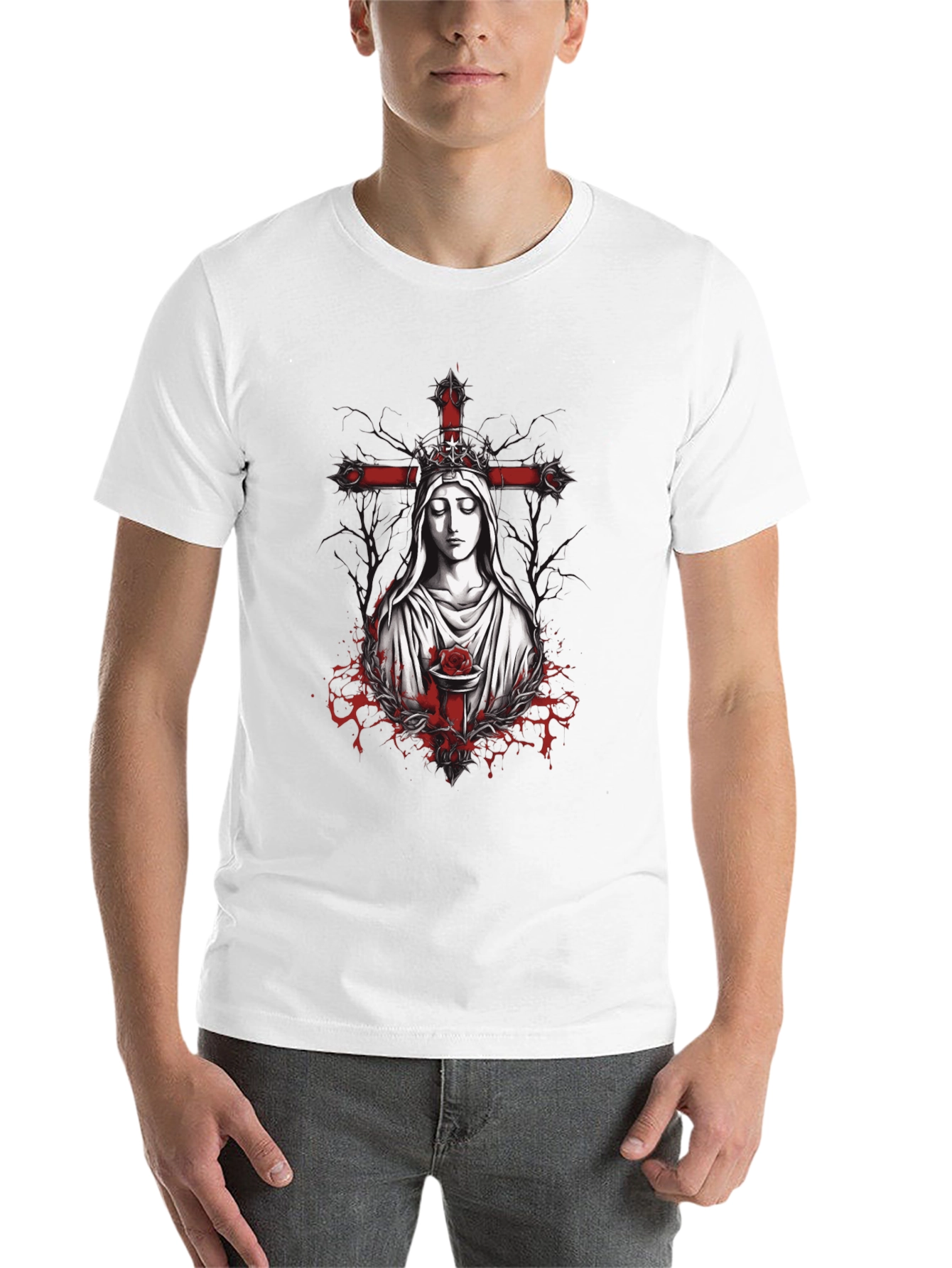 Black Virgin Mary Rose Cross Graphic Tee view 14