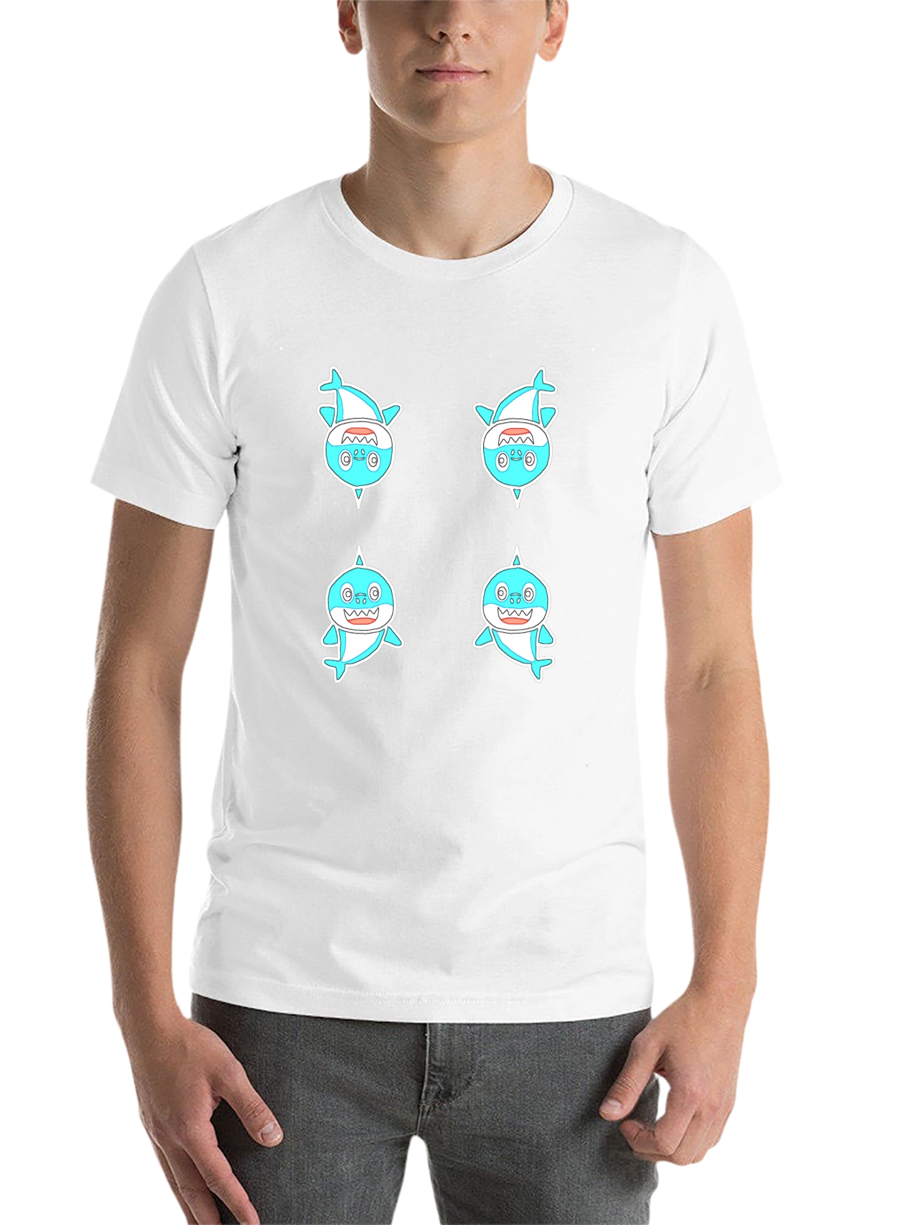 Cute Shark Pattern Men's Black T-Shirt - 14