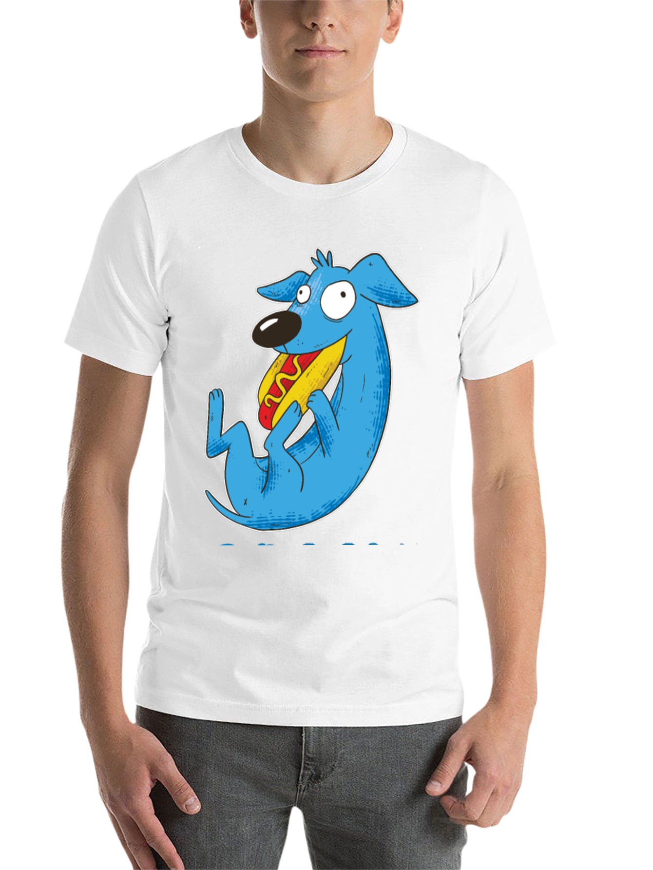 Black Cartoon Blue Dog Eating Hotdog Black T-Shirt view 14