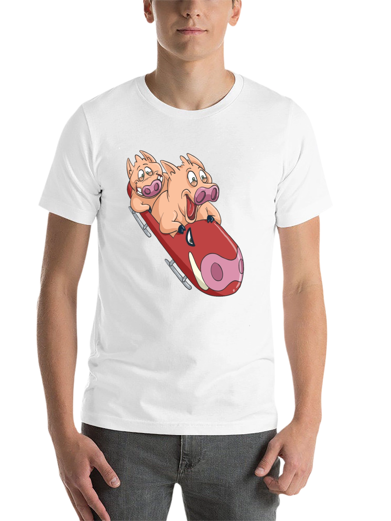 Black Funny Pigs Bobsledding Graphic T-Shirt view 14