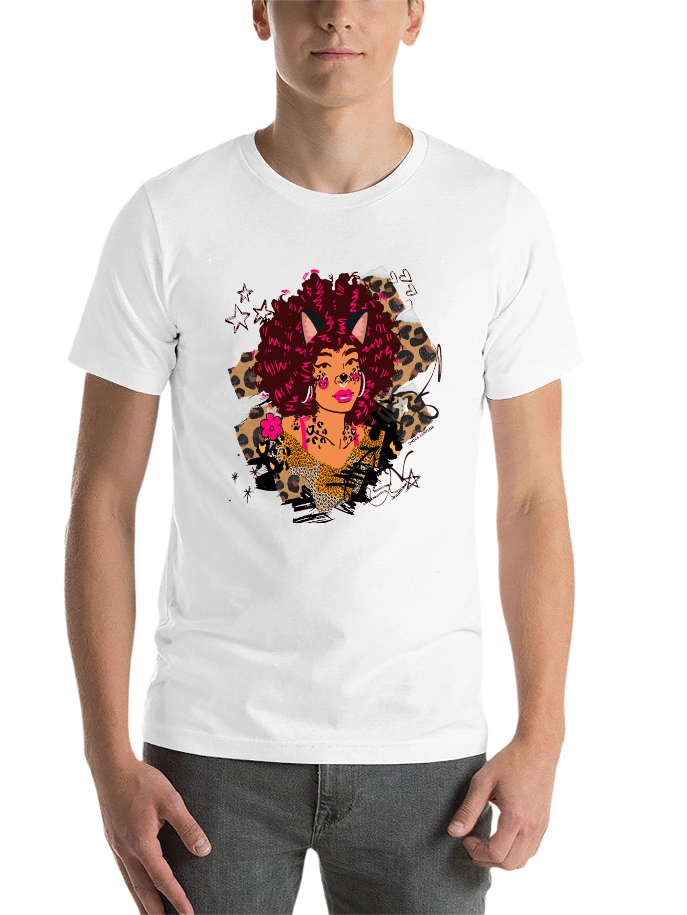 Black Leopard Print T-Shirt with Afro Cat Lady Design view 14