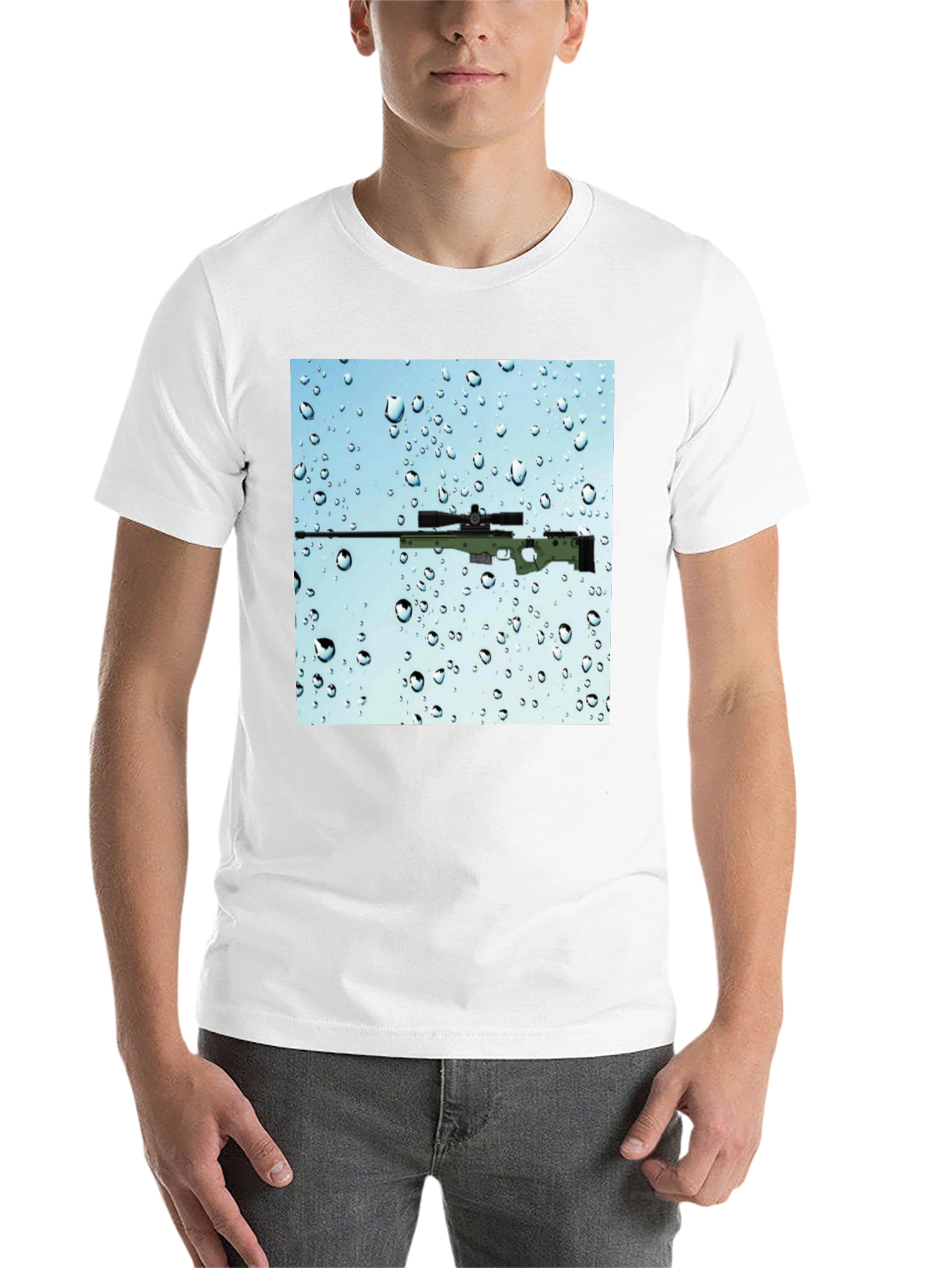 Black Gun on Rainy Window T-Shirt - Cool Graphic Tee view 14