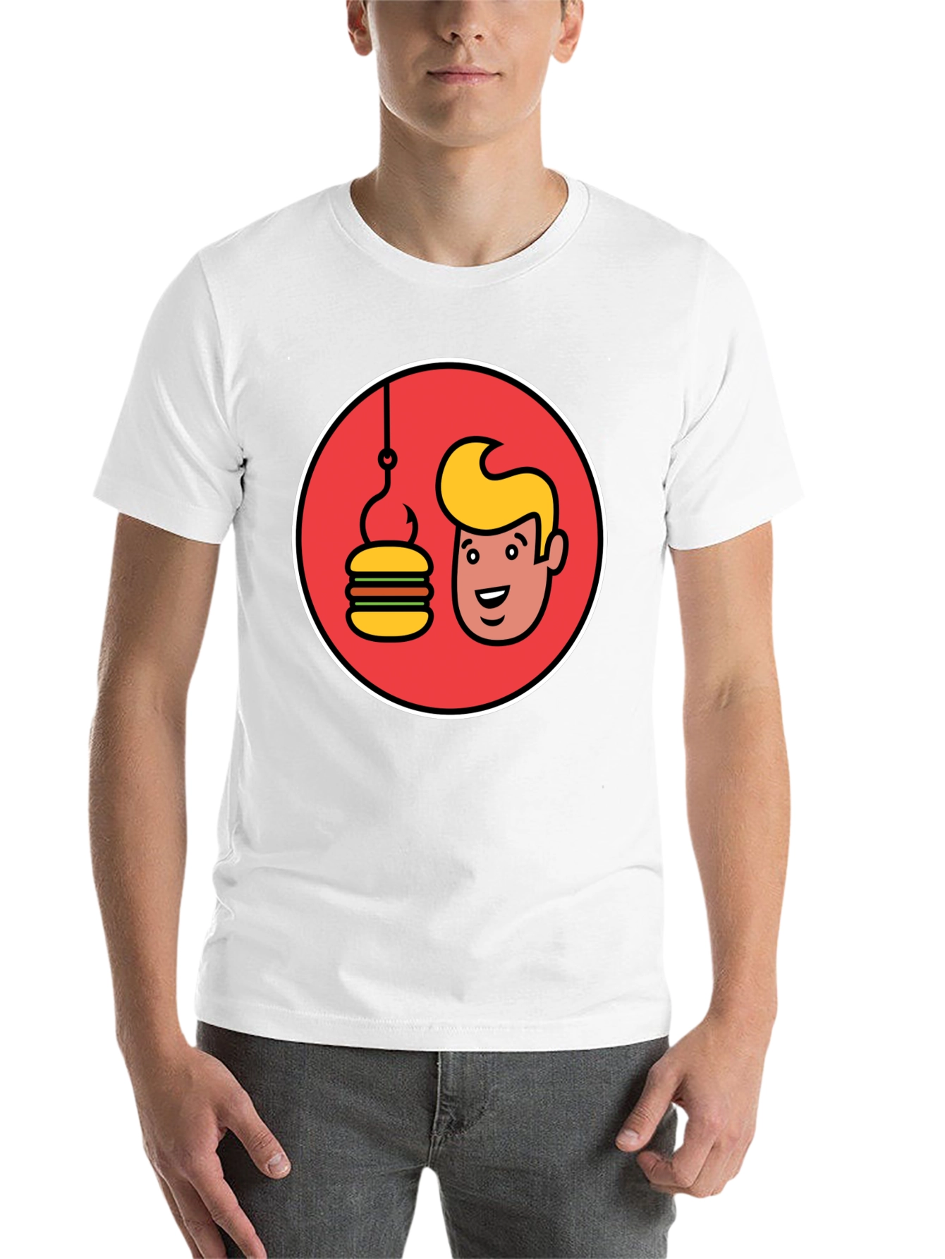 Black Funny Man & Burger Fishing Hook Black T-Shirt view 14