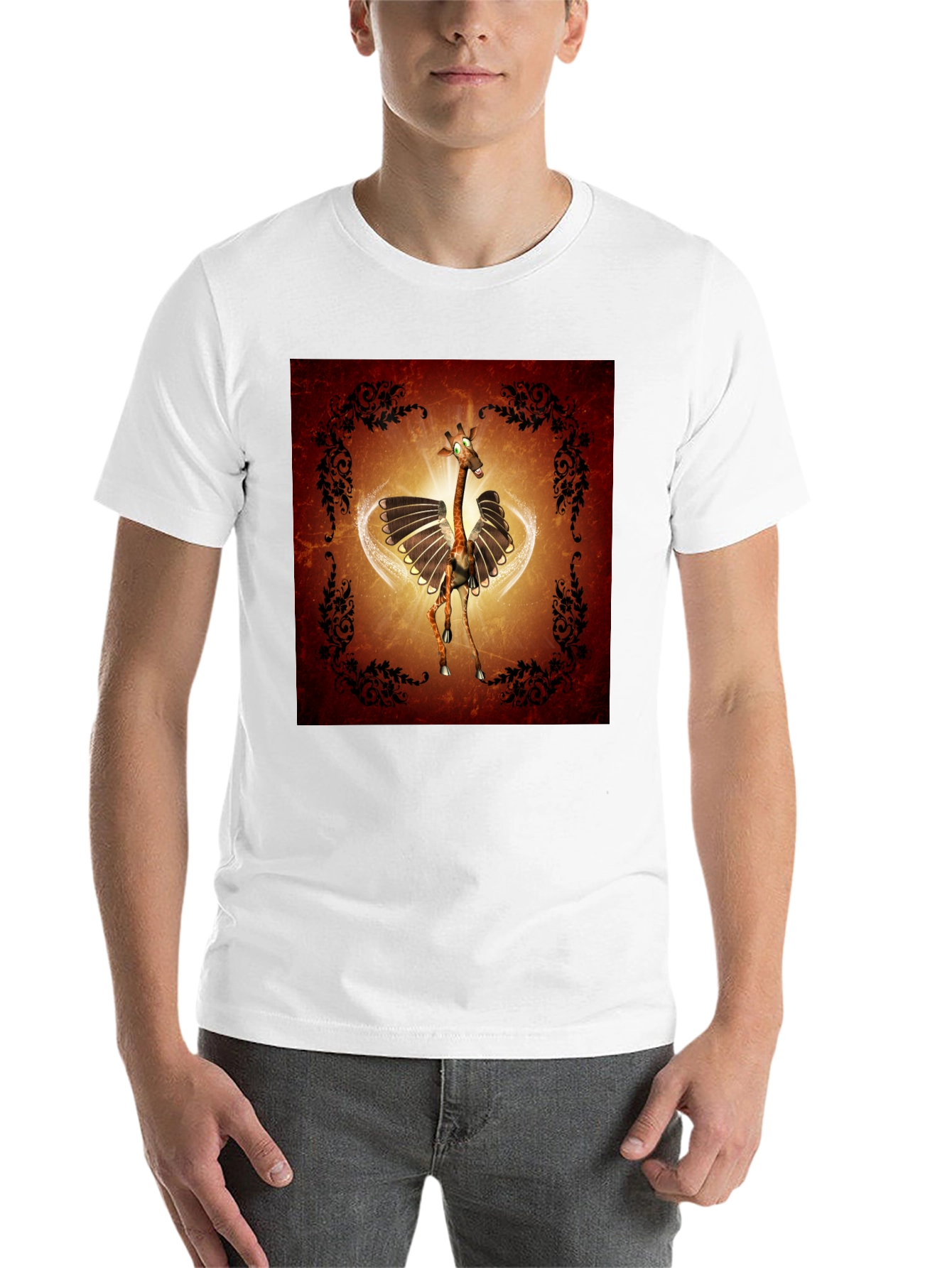 Black Whimsical Flying Giraffe Graphic Tee - Men's Black T-Shirt view 14