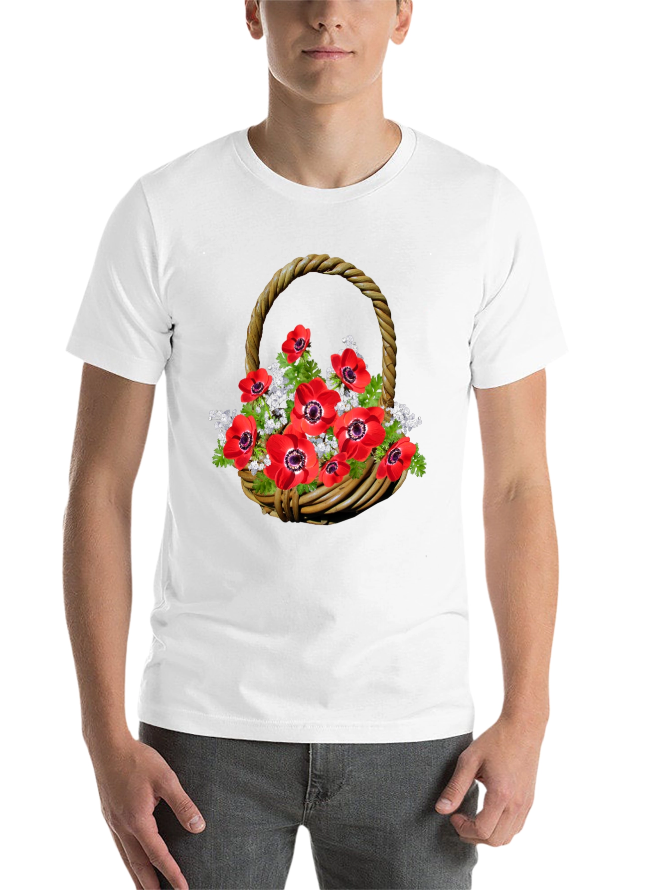 Floral Basket T-Shirt: Red Anemones on Black Cotton Tee - 14