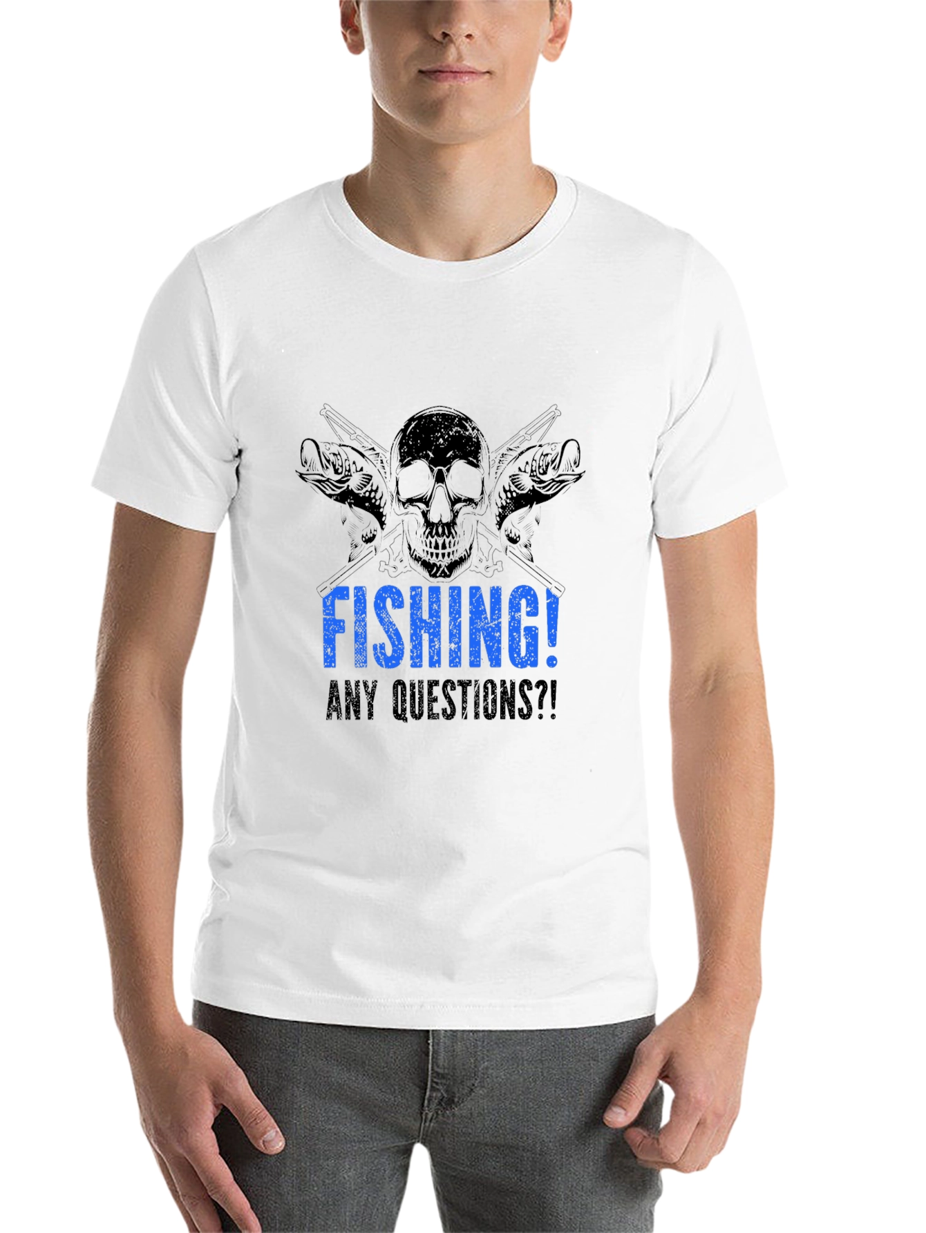 Black Fishing Skull Graphic Tee - Any Questions?! Black Cotton T-Shirt view 14
