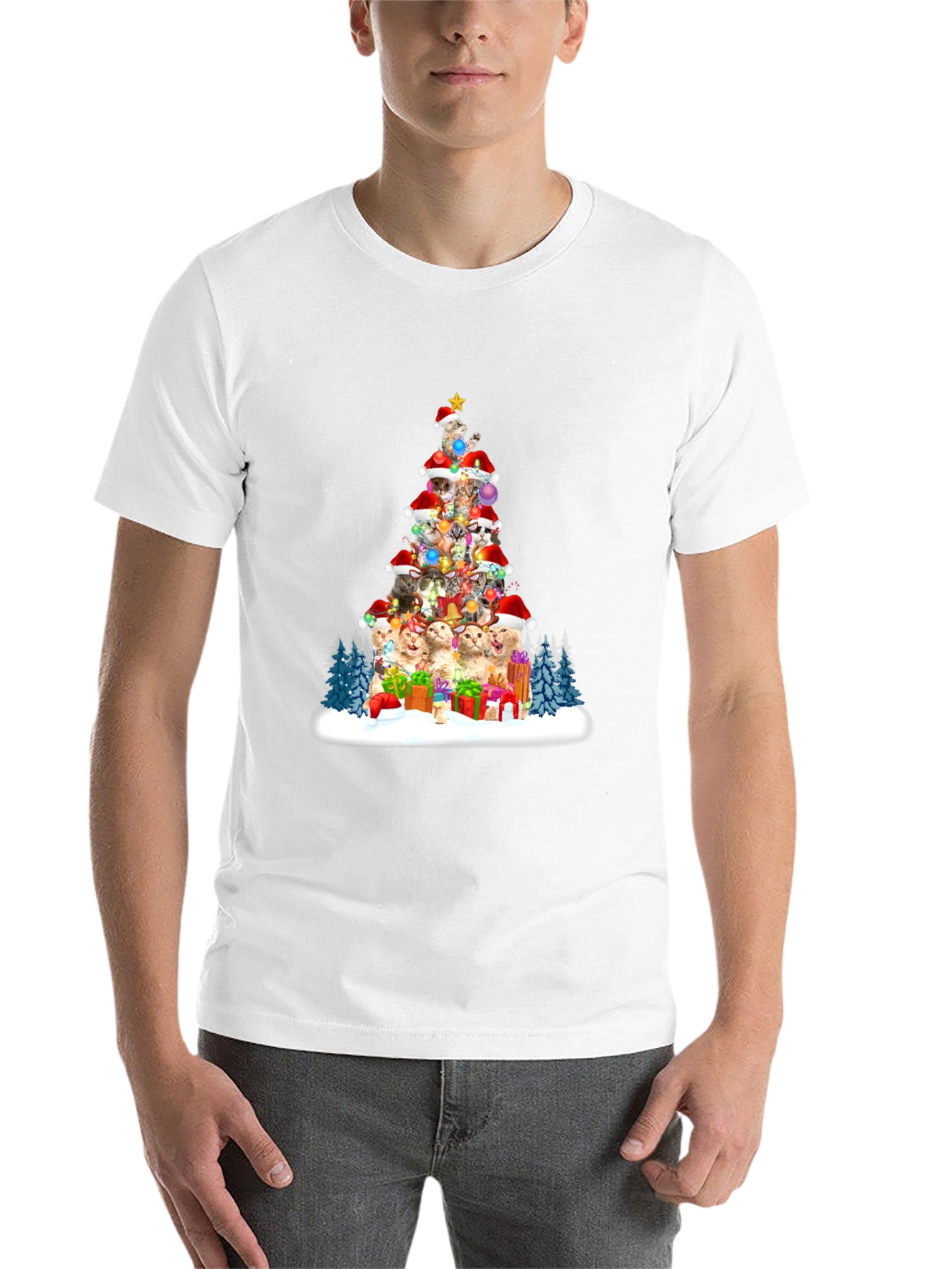 Black Festive Cat Christmas Tree T-Shirt view 14