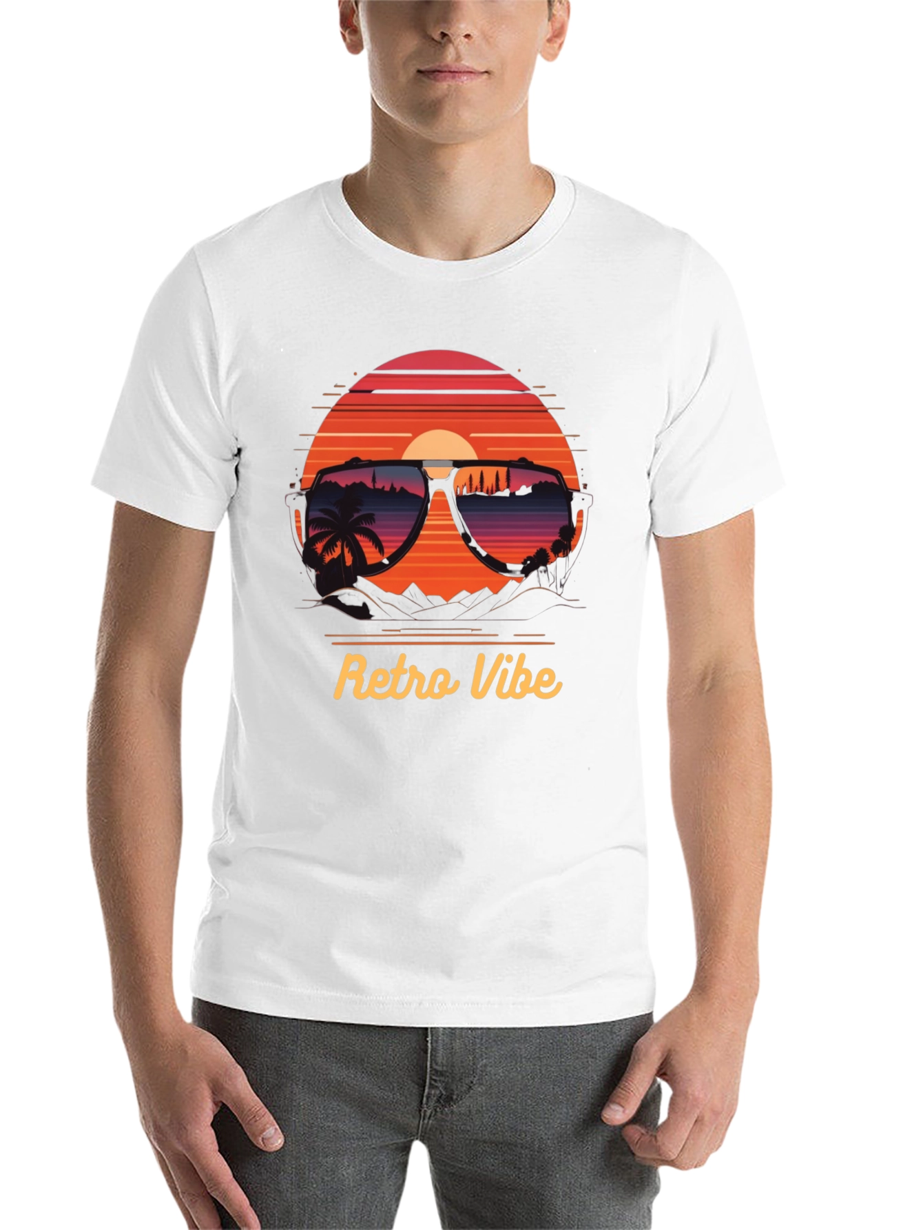 Black Retro Vibe T-Shirt - Sunglasses Sunset Design view 14