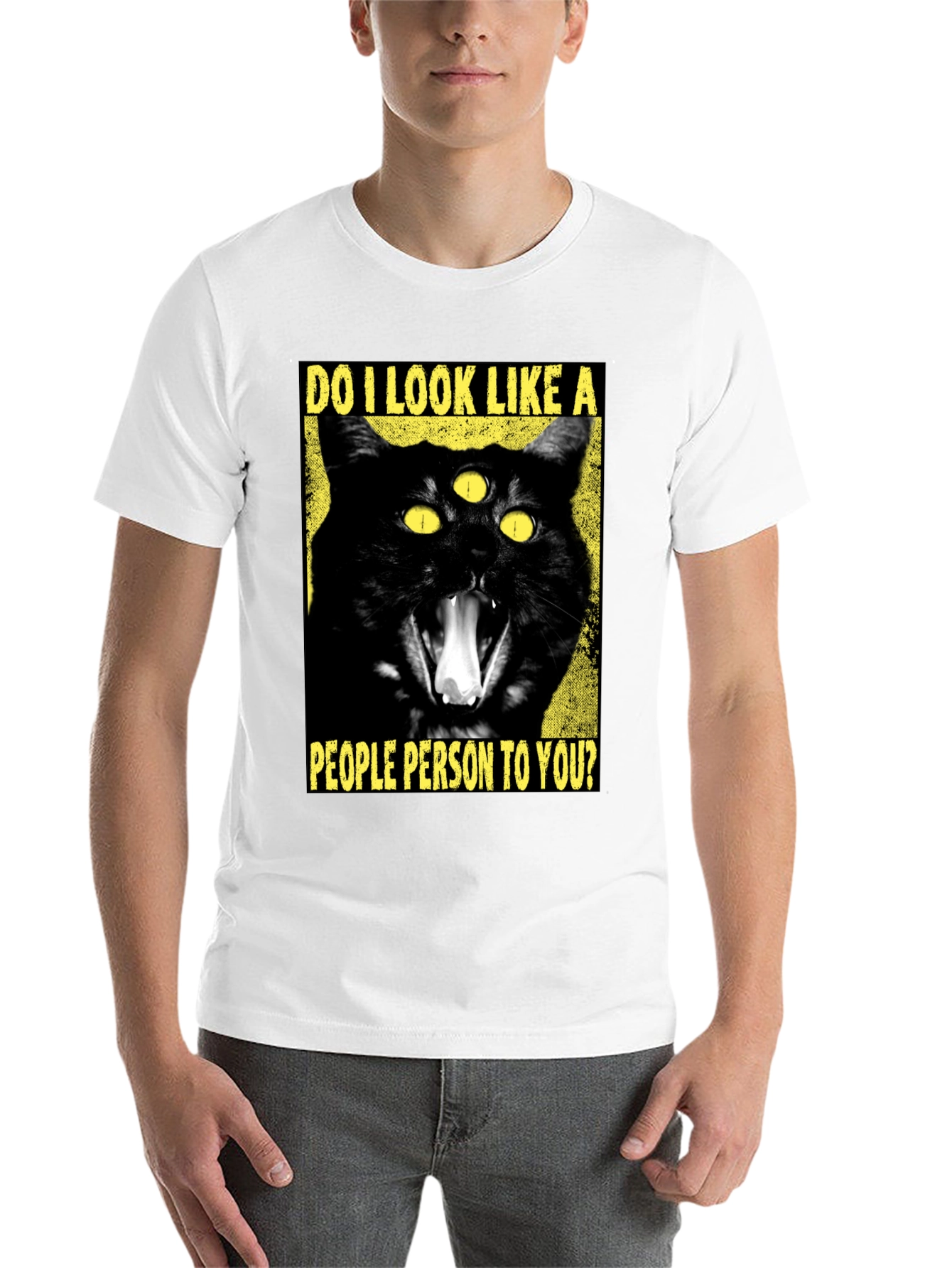 Black Three-Eyed Cat T-Shirt - "People Person" Funny Graphic Tee view 14