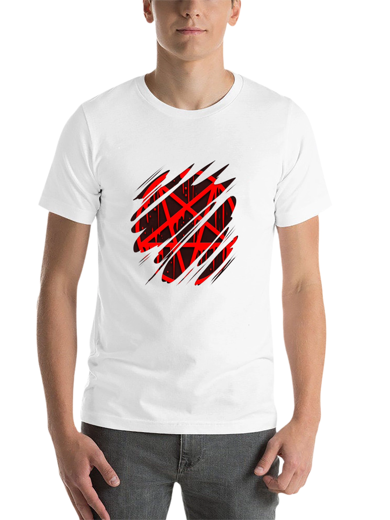 Black Men's Black Graphic Tee - Red Pentagram Design view 14