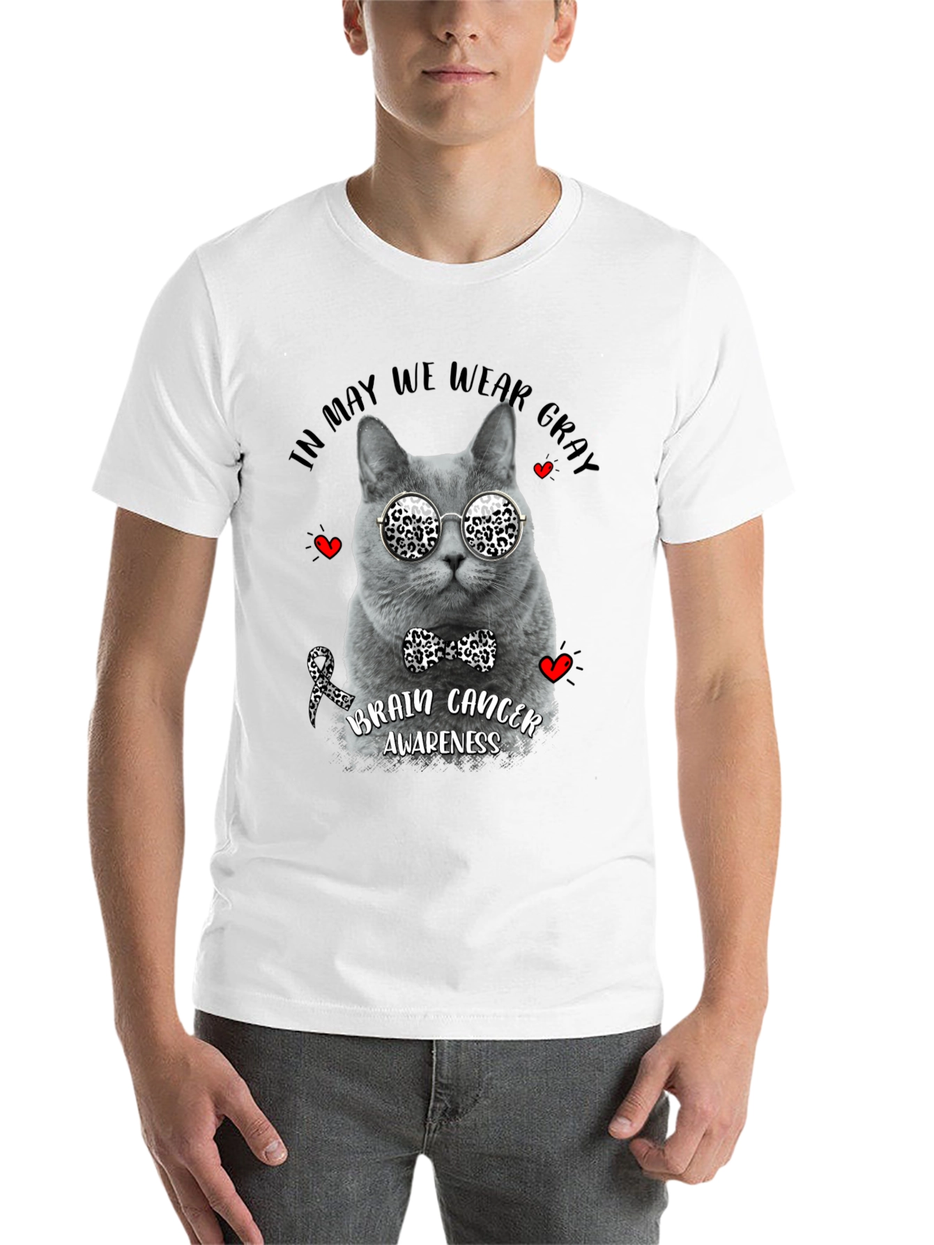 Black Gray Cat Brain Cancer Awareness T-Shirt view 14
