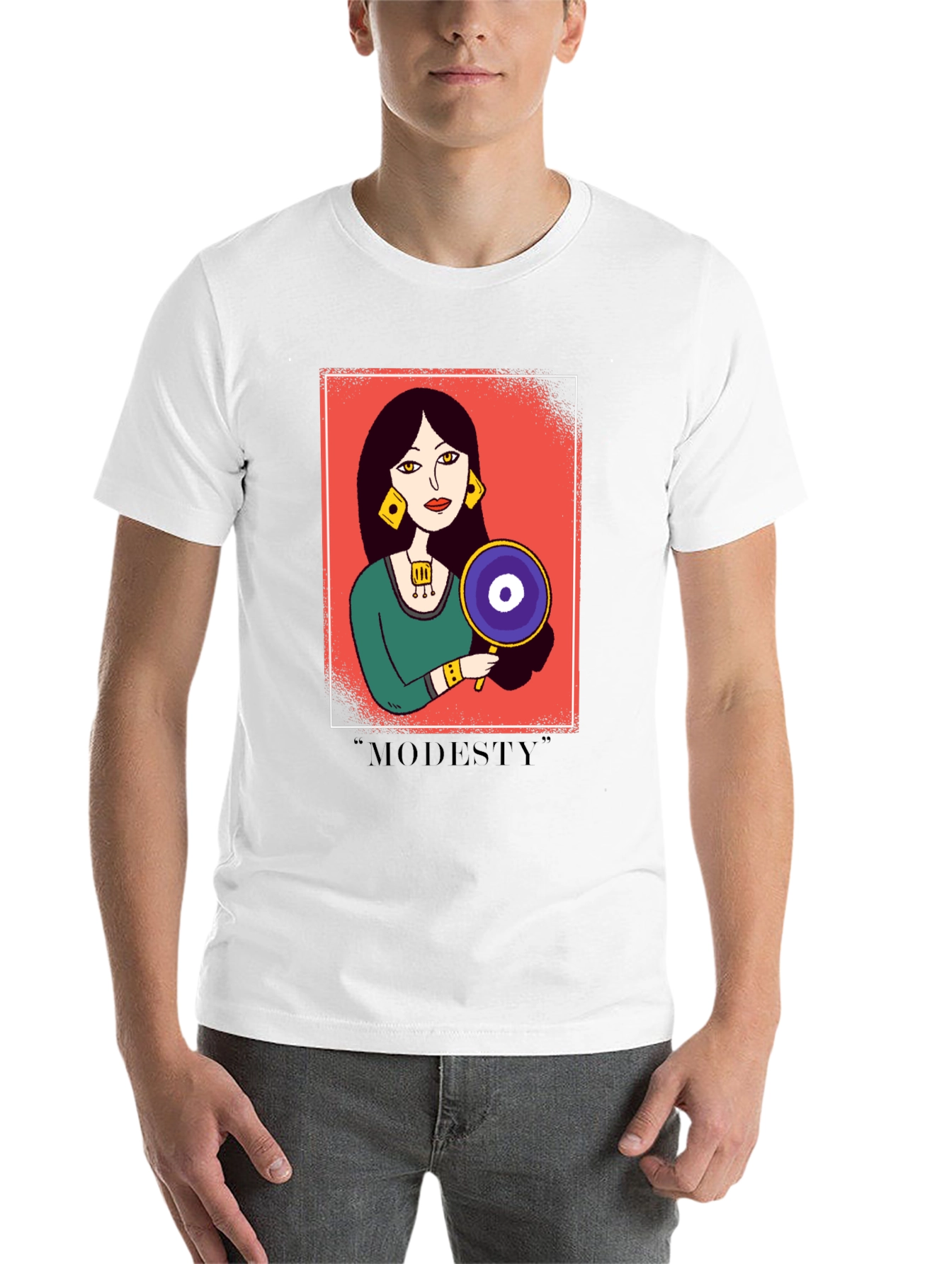Black Graphic T-Shirt with "Modesty" Design view 14