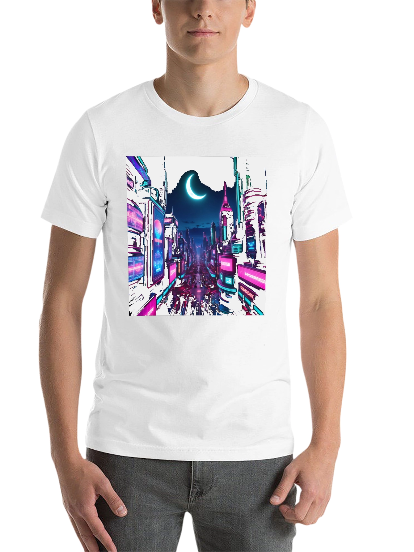 Black Cyberpunk Cityscape Graphic Tee - Crescent Moon Edition view 14