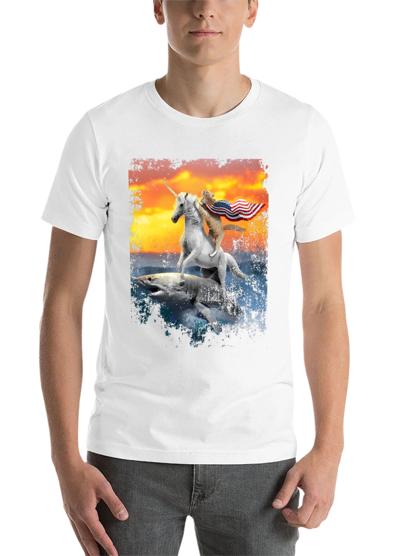 Black Cat Riding Unicorn on Shark T-Shirt view 14