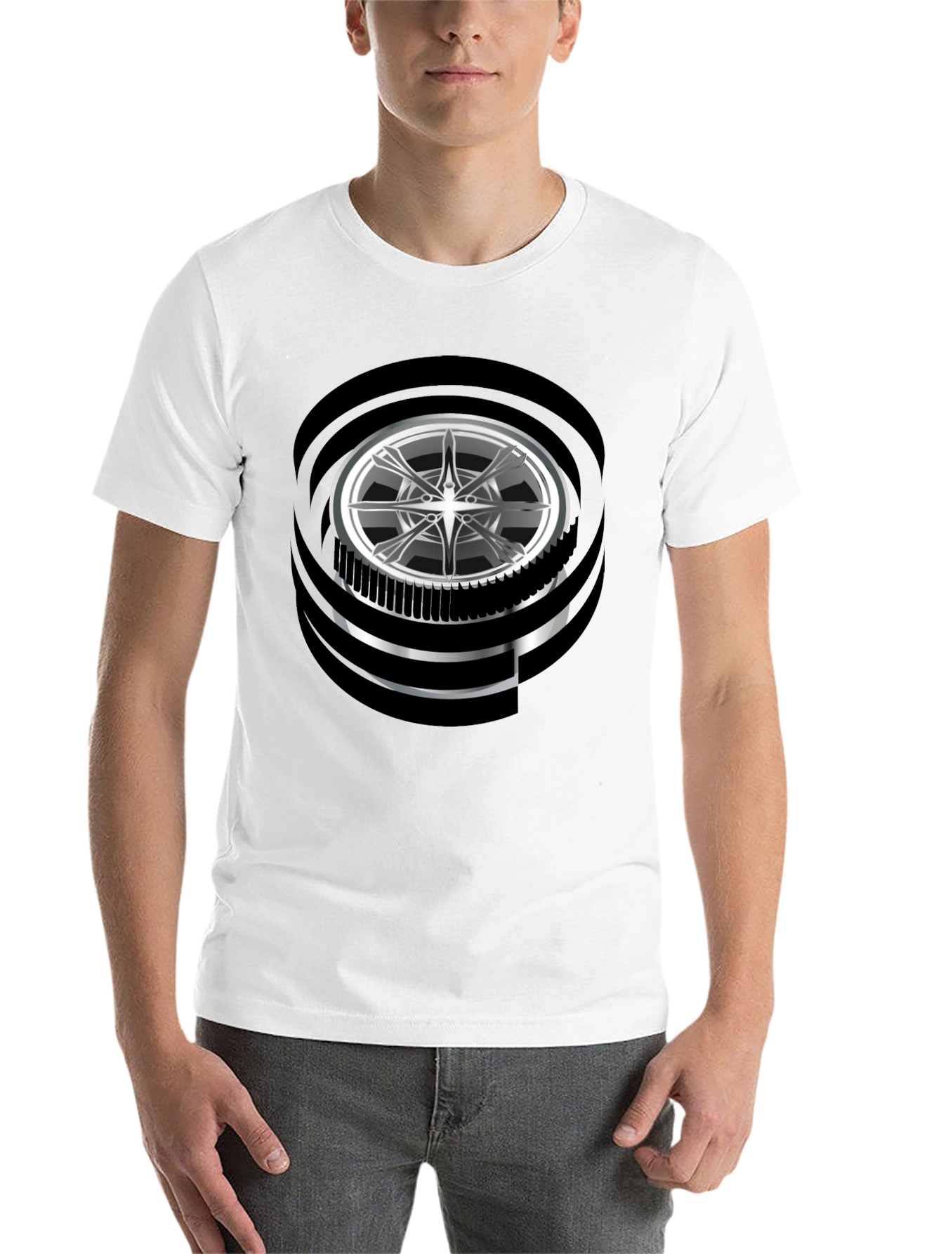 Black Modern Graphic Wheel Design Black T-Shirt view 14