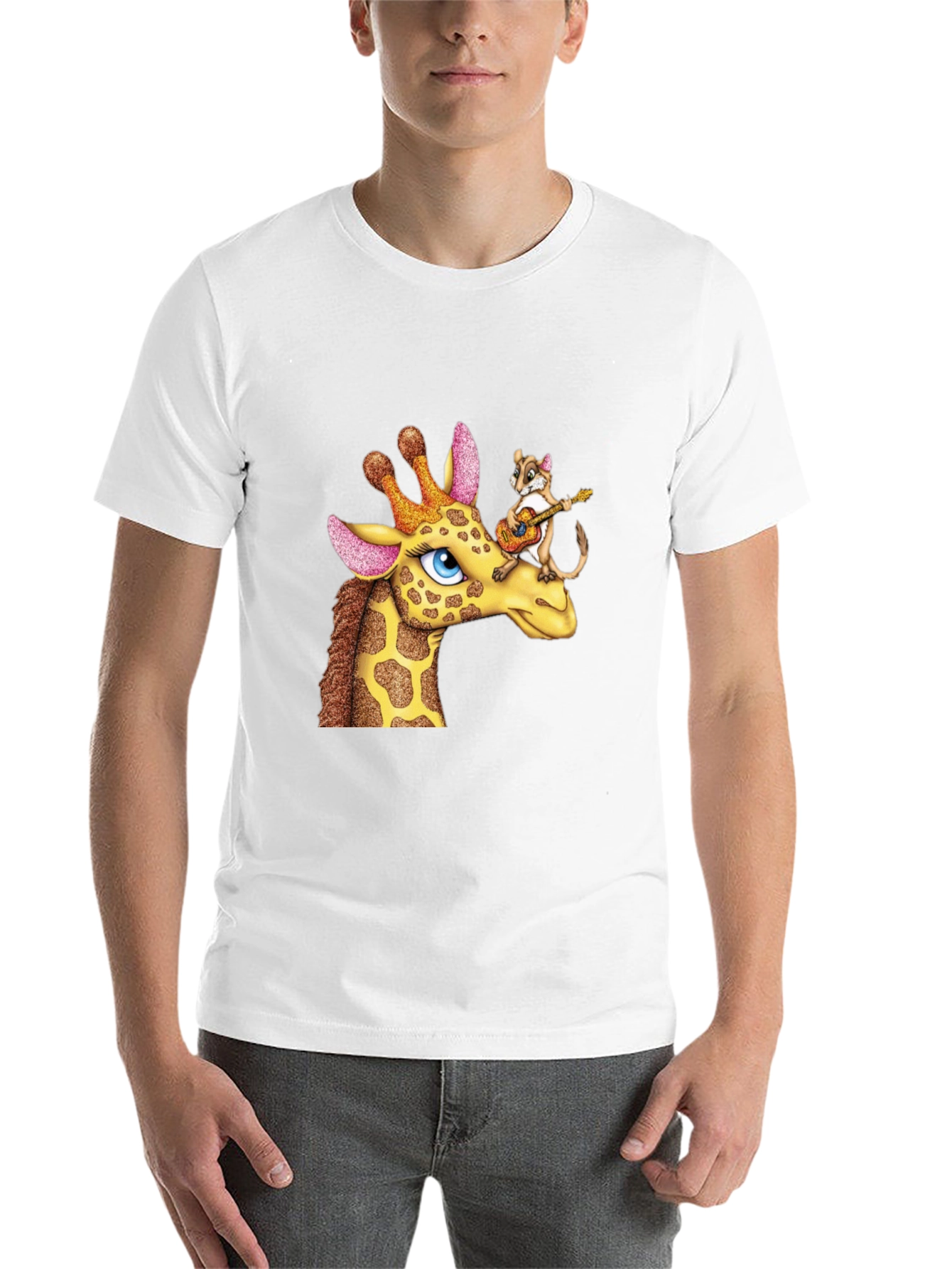 Black Giraffe & Squirrel Cartoon Graphic Black T-Shirt view 14