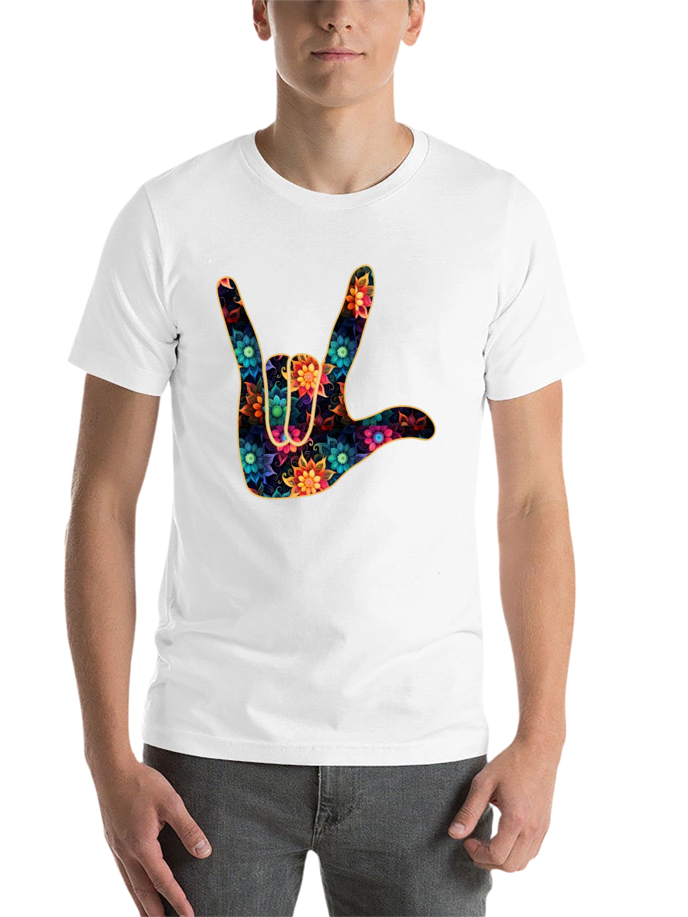 Black Floral "I Love You" Hand Sign Black T-Shirt view 14