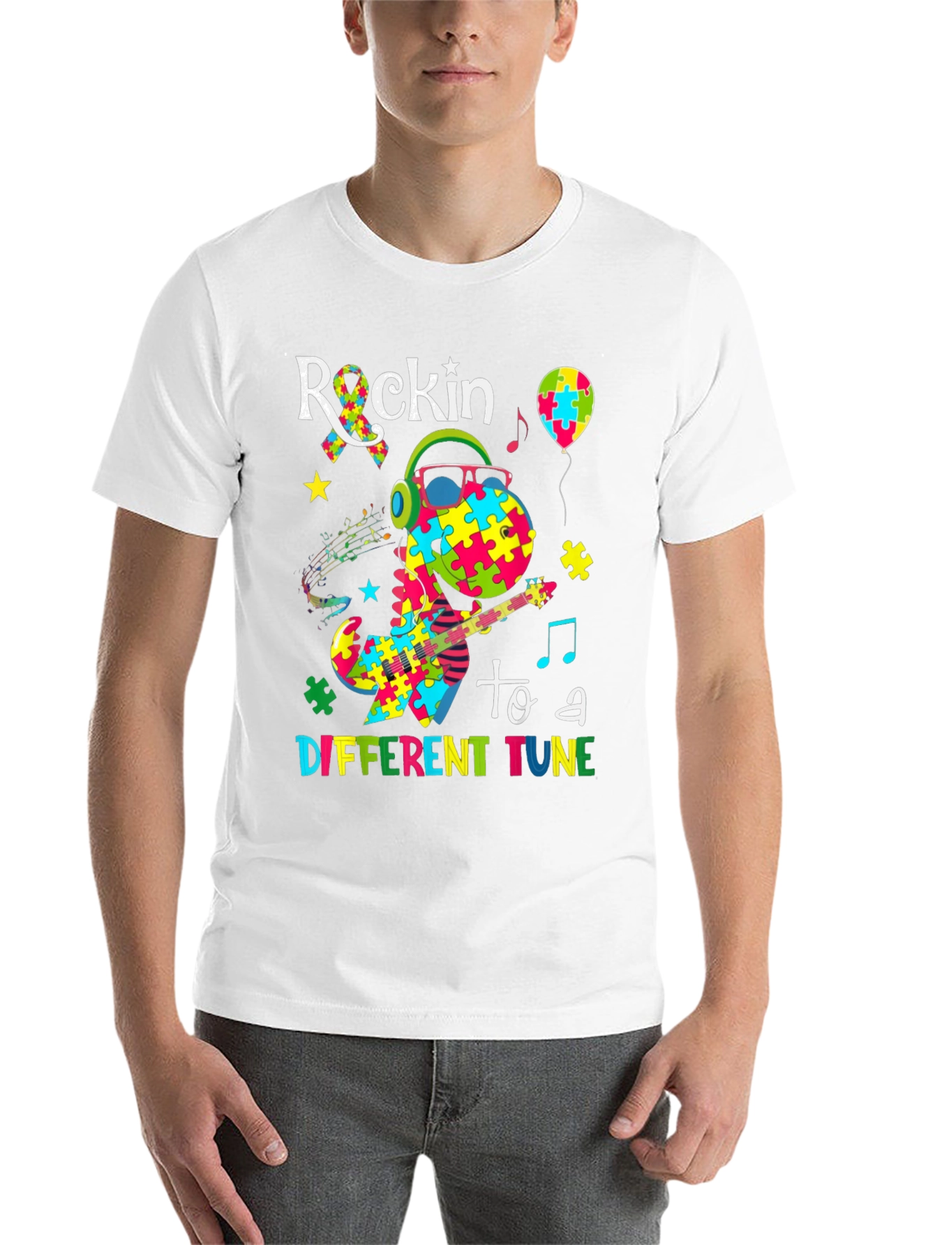 Black Rockin' to a Different Tune Autism Awareness T-Shirt view 14