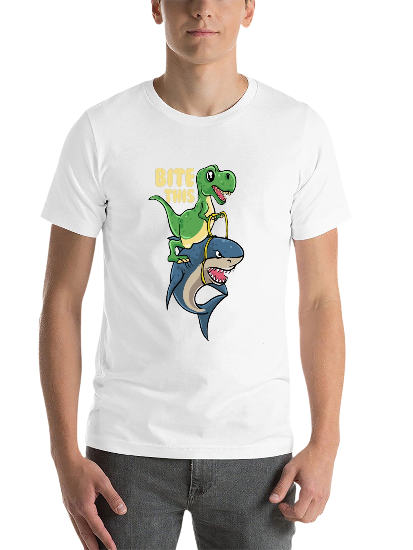 Black Dino Riding Shark T-Shirt - Bite This Funny Graphic Tee view 14