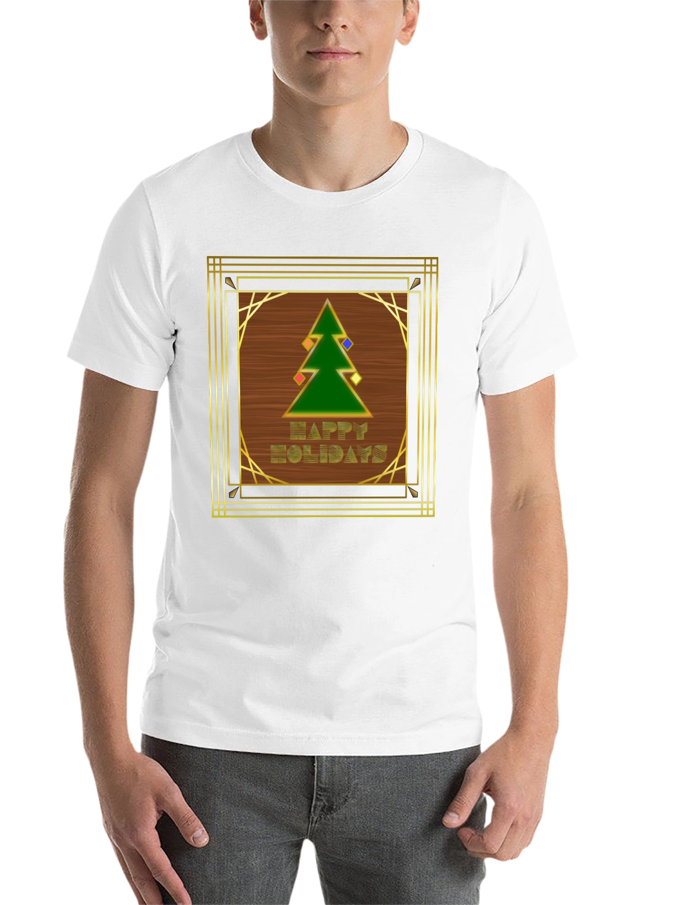 Black Art Deco Holiday T-Shirt - Happy Holidays Tree Design view 14