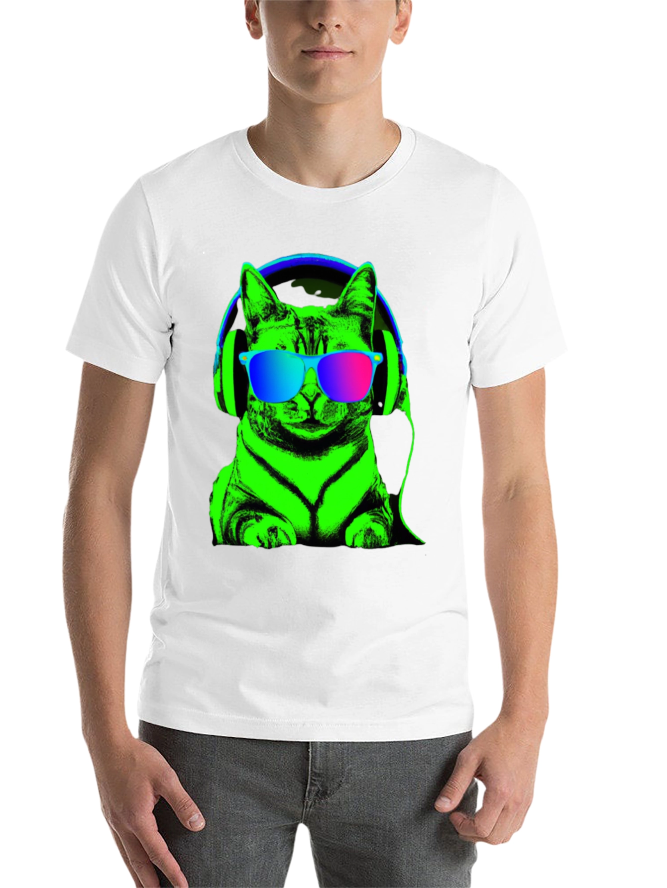 Black Cool Cat Tee: Neon Cat with Headphones T-Shirt view 14
