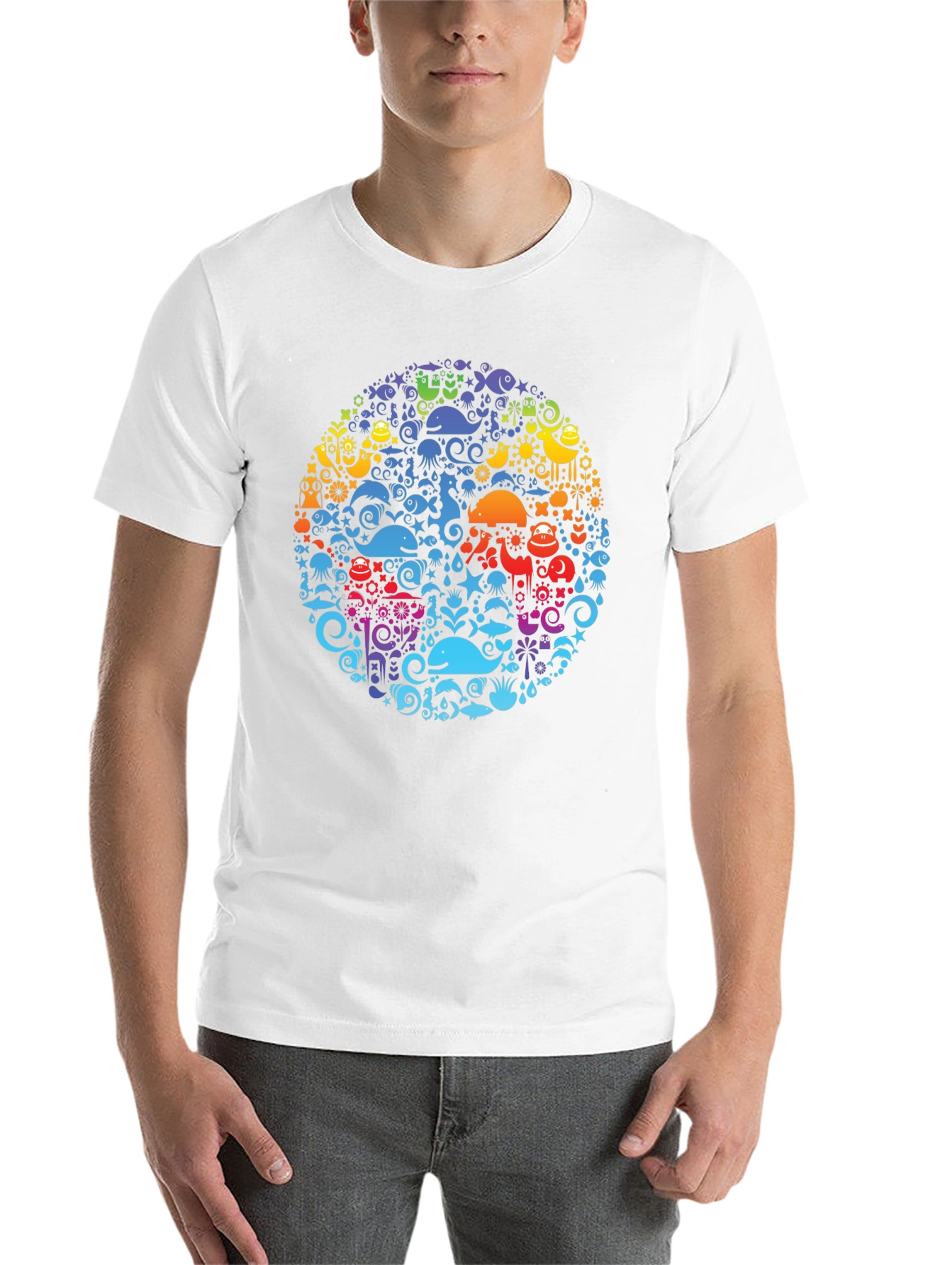Black Tee with Colorful Aquatic Circle Design - 14