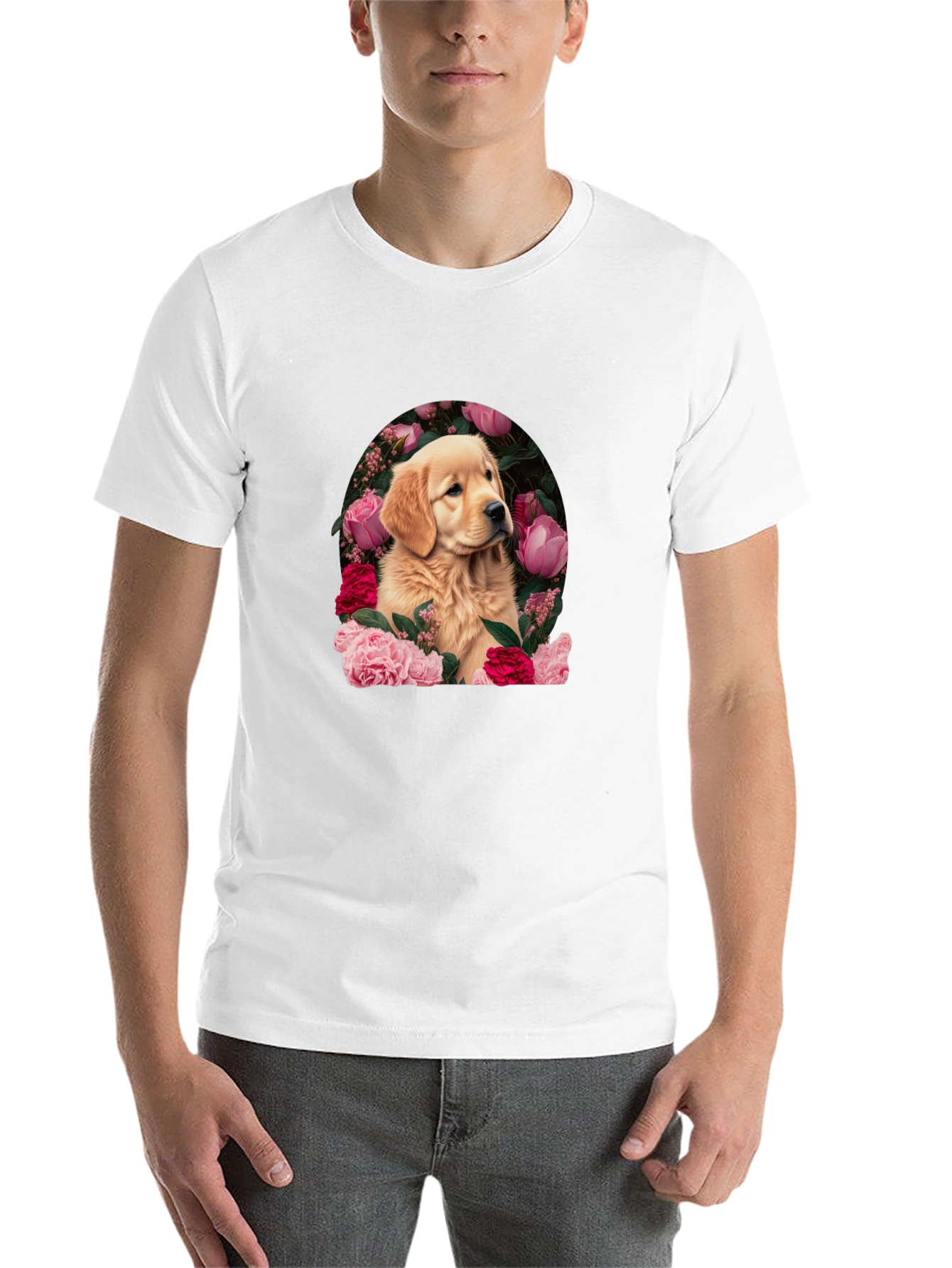 Black Golden Retriever & Floral Black T-Shirt view 14