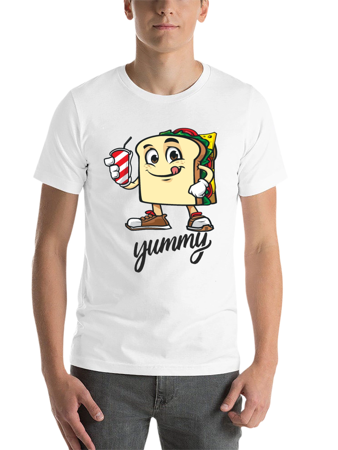 Black Sandwich Cartoon T-Shirt - "Yummy" Design view 14