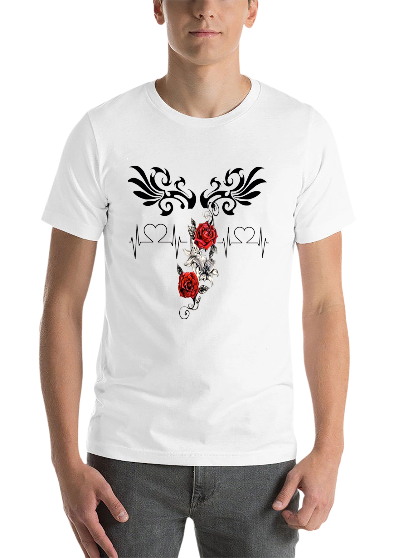 Black Floral Heartbeat T-Shirt - Stylish Graphic Tee view 14