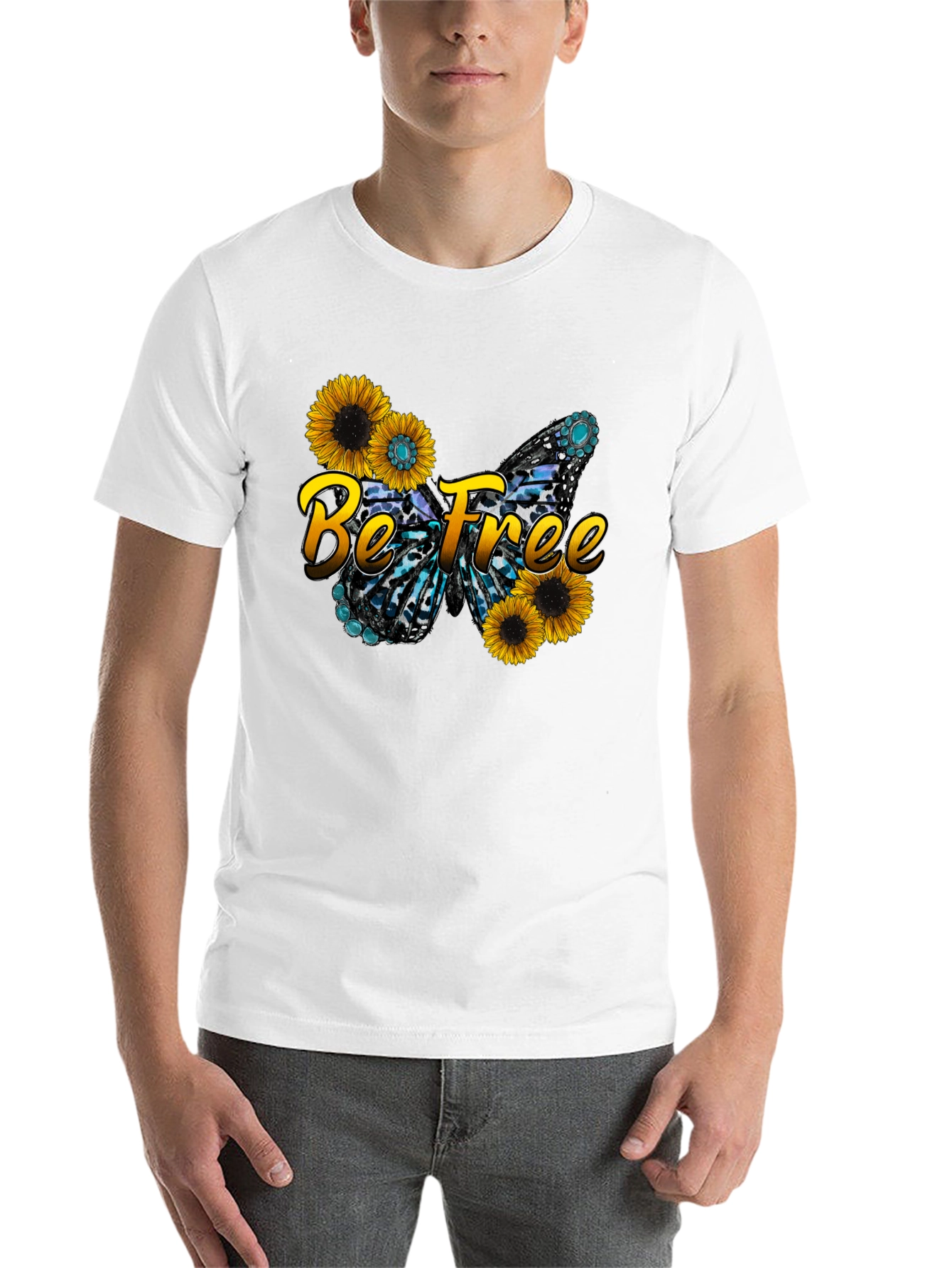 Black Be Free Sunflower Butterfly Graphic Black T-Shirt view 14