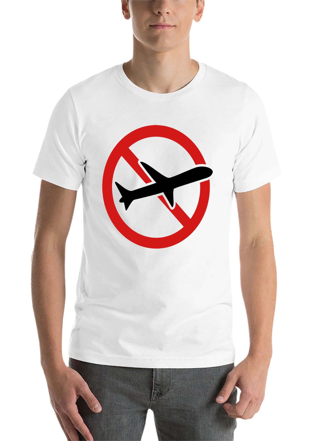 Black No Flying T-Shirt - Black Cotton Tee with Airplane Graphic view 14