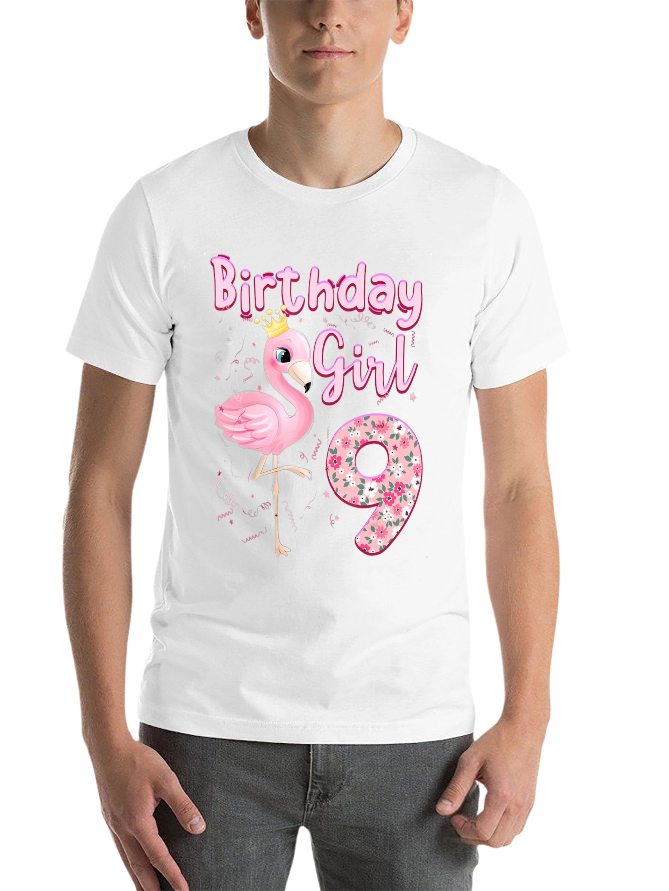 Black Birthday Girl 9th Flamingo T-Shirt view 14