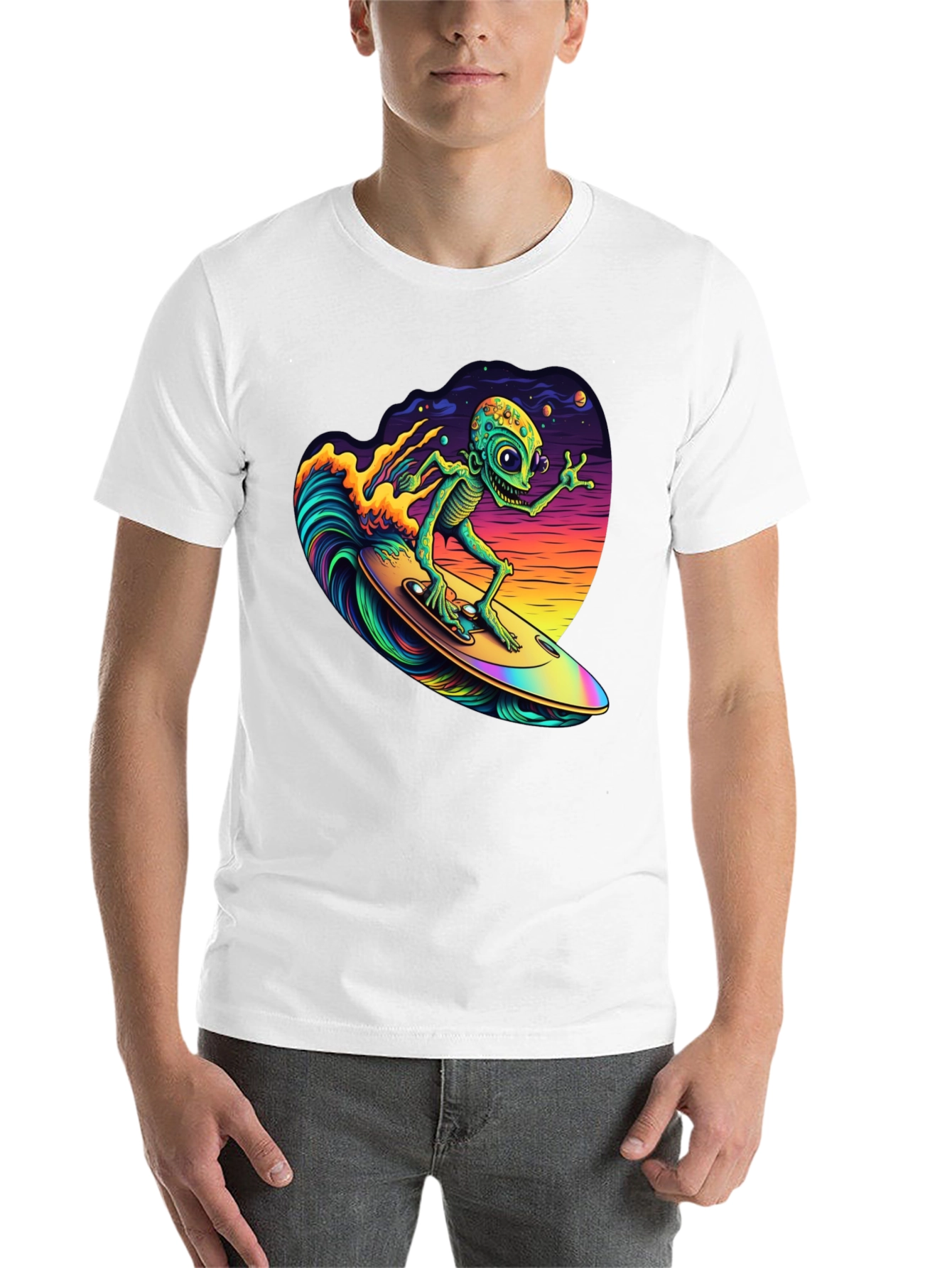 Black Surfing Alien T-Shirt - Black Cotton Tee view 14