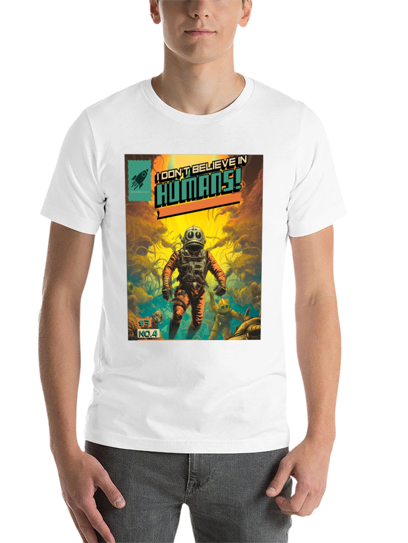 Black I Don't Believe in Humans! Comic T-Shirt view 14