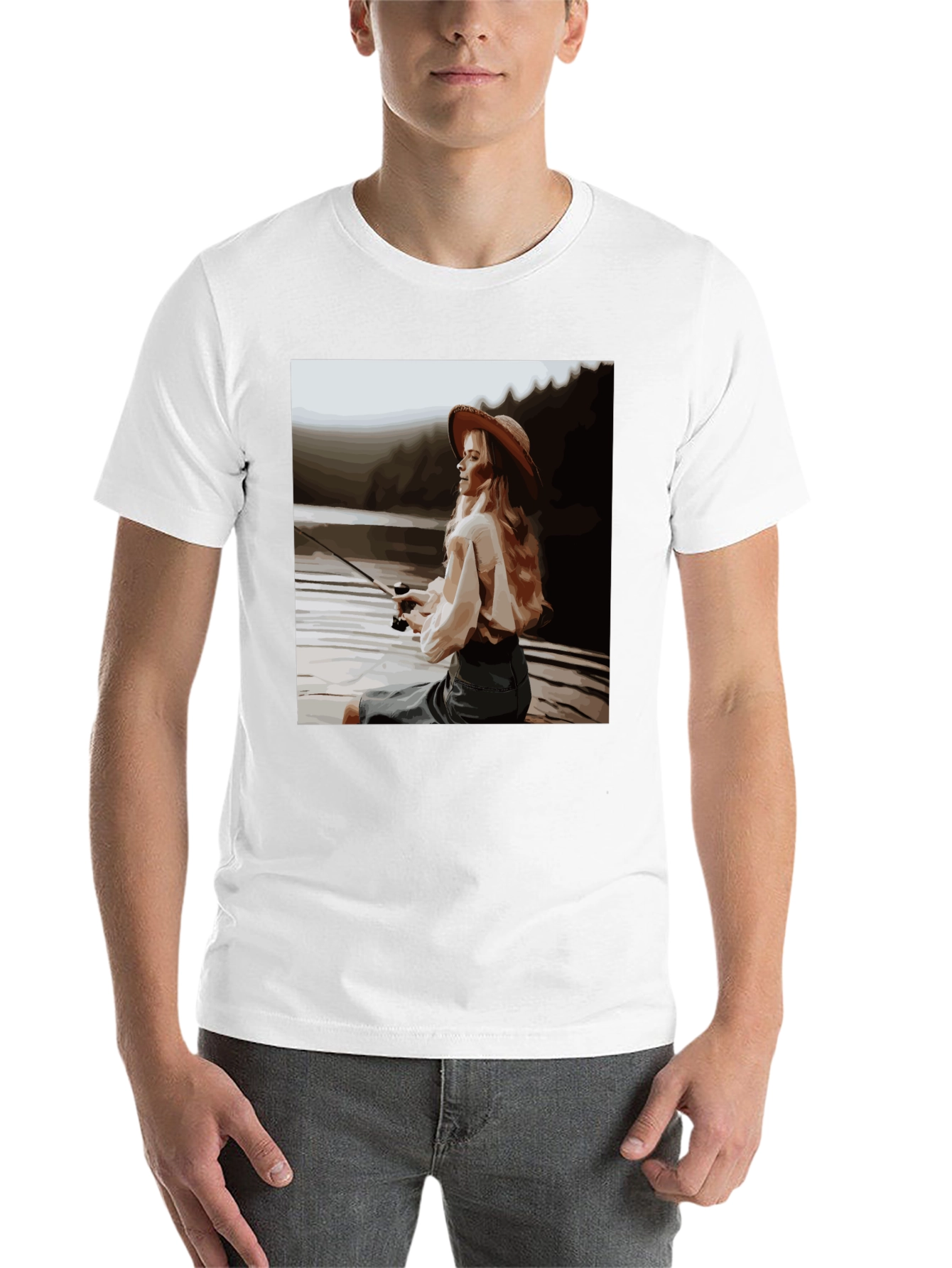 Black Woman Fishing Graphic Tee - Black Cotton T-Shirt view 14